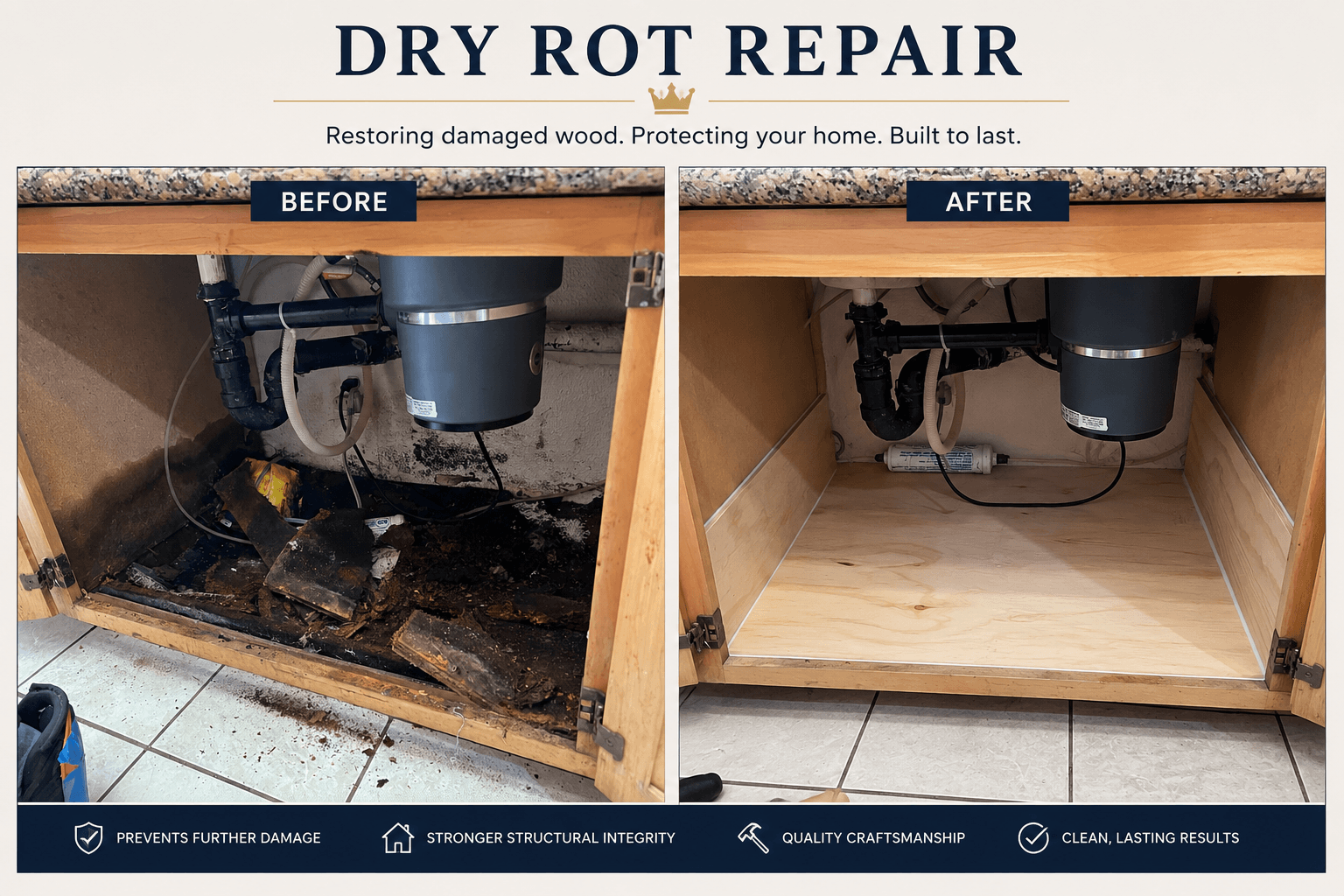 "Before and after dry rot repair under a kitchen sink cabinet completed by All About Carpentry Inc. in Stockton, California, showing damaged wood removal and cabinet floor restoration."