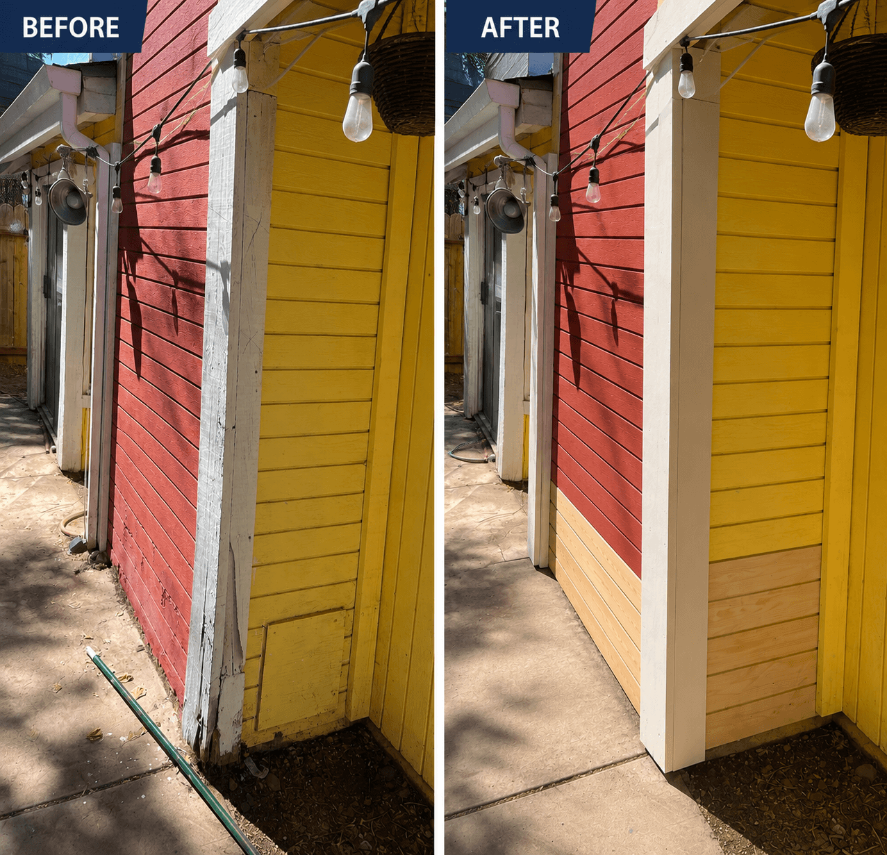 Before and after dry rot repair showing damaged exterior siding and corner trim replaced with new wood siding and trim by All About Carpentry in Stockton, California.