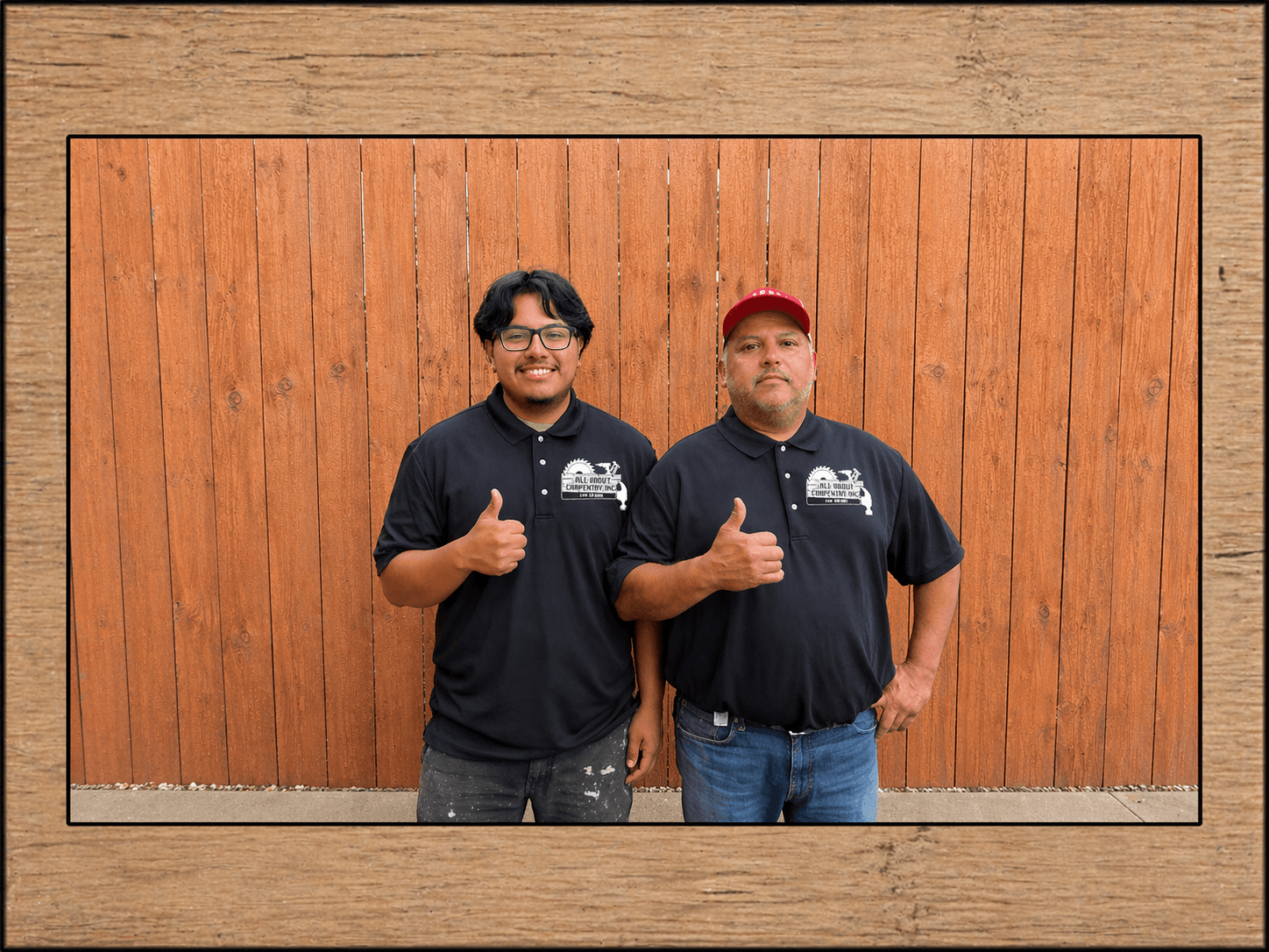 All About Carpentry Inc. owner and team member standing in front of a custom wood fence in Stockton, California.