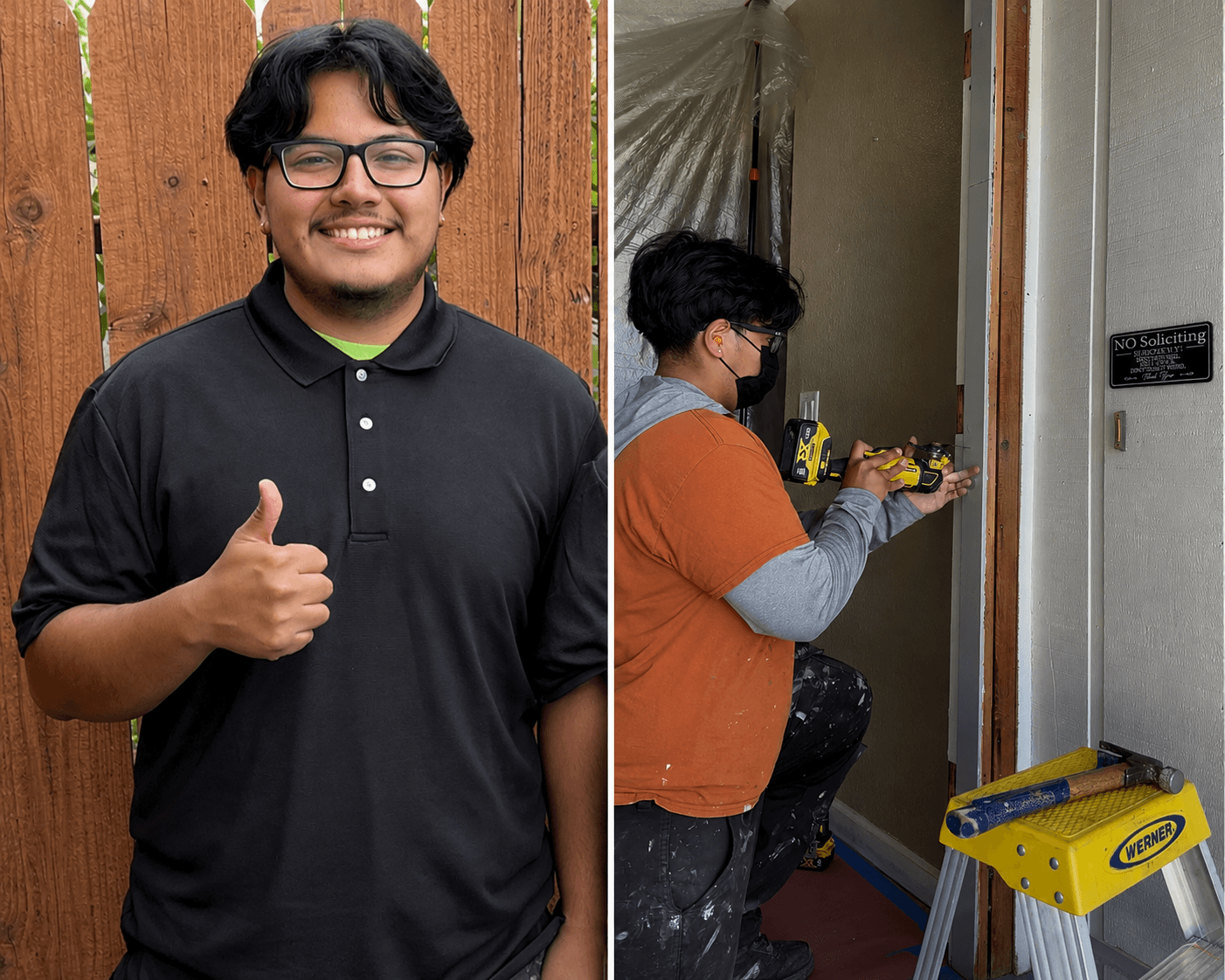Oscar Navarrete of All About Carpentry Inc. installing an exterior door while providing professional finish carpentry and door installation services in Stockton, California.  Image Title