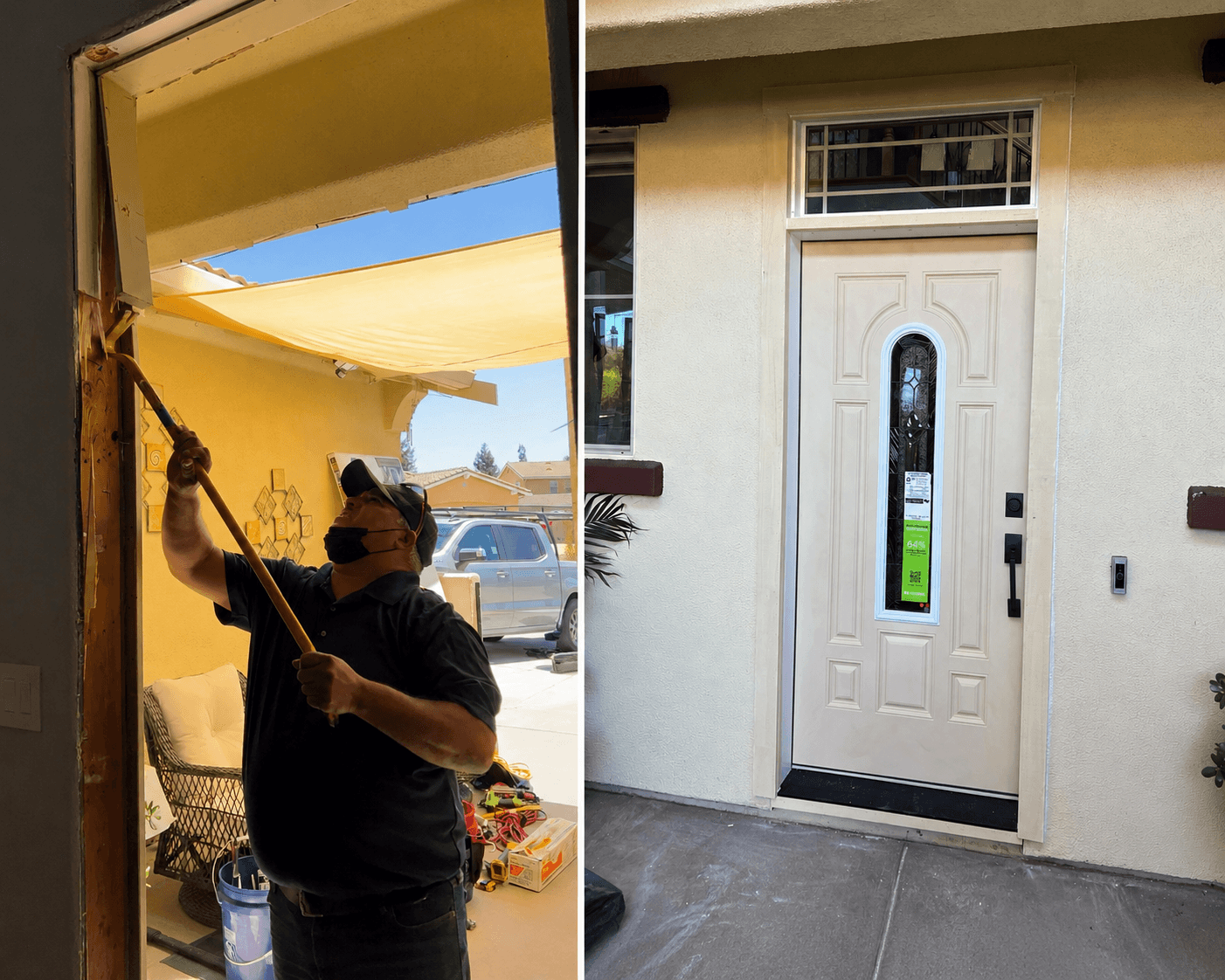 Professional front door installation by All About Carpentry Inc. in Stockton, California, showcasing the installation process and completed exterior entry door.