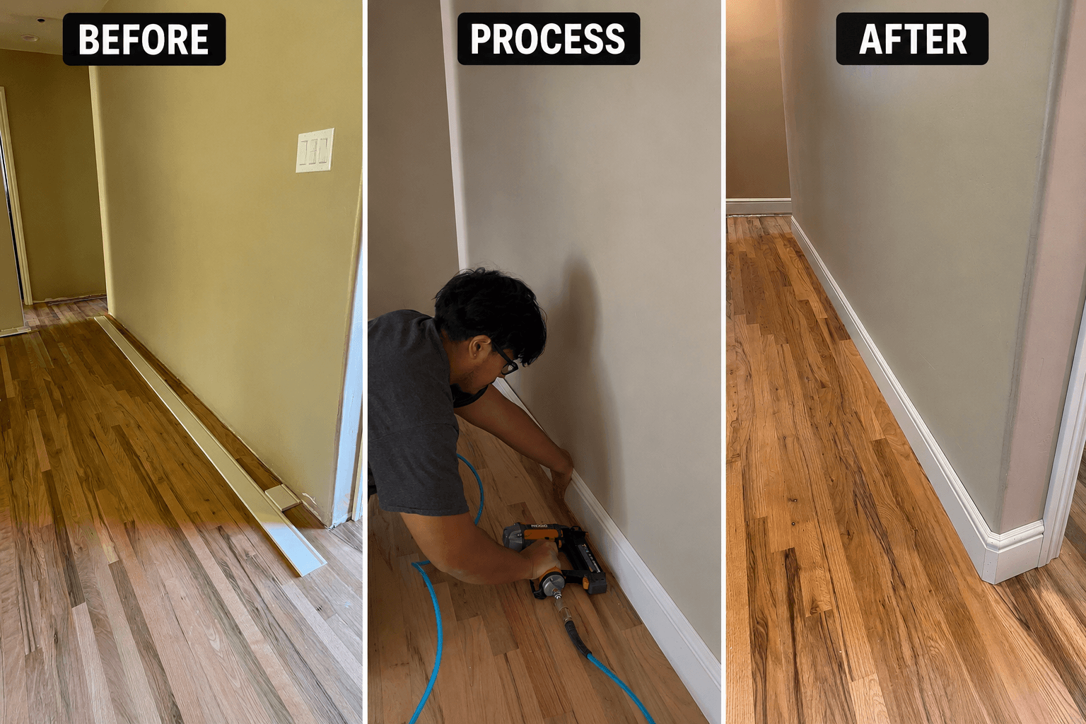 Before, during, and after of a baseboard installation completed by All About Carpentry Inc. in Stockton, California, showcasing professional finish carpentry and trim installation.