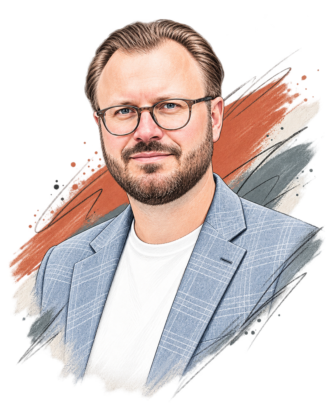 Porträt eines Mannes mit Brille, braunem Bart und blauen Augen, trägt einen blauen Anzug mit Weißmuster, im Hintergrund bunte Pinselstriche.
