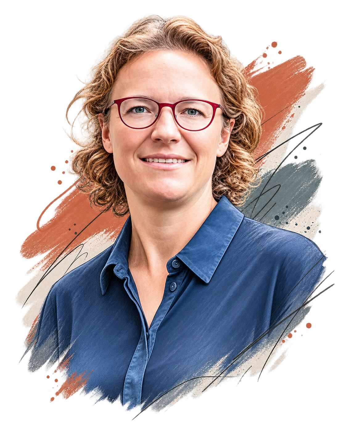Porträt einer Frau mit lockigem, blondem Haar, trägt rote Brille und eine blaue Bluse, vor farbiger, künstlerischer Hintergrundgestaltung.
