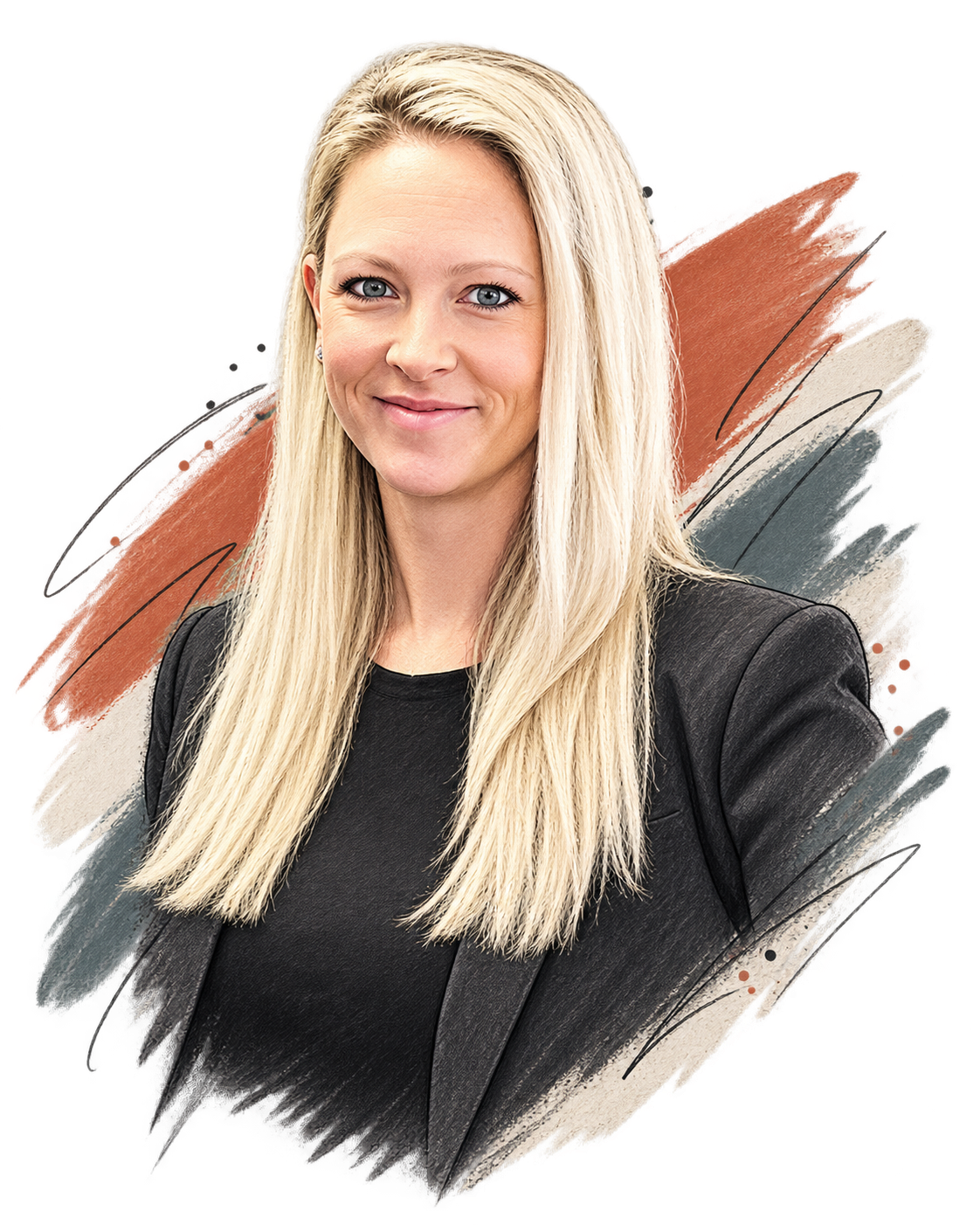 Porträt einer blonden Frau mit schwarzen Oberteil und dunklem Blazer vor einem bunten, abstrakten Hintergrund.