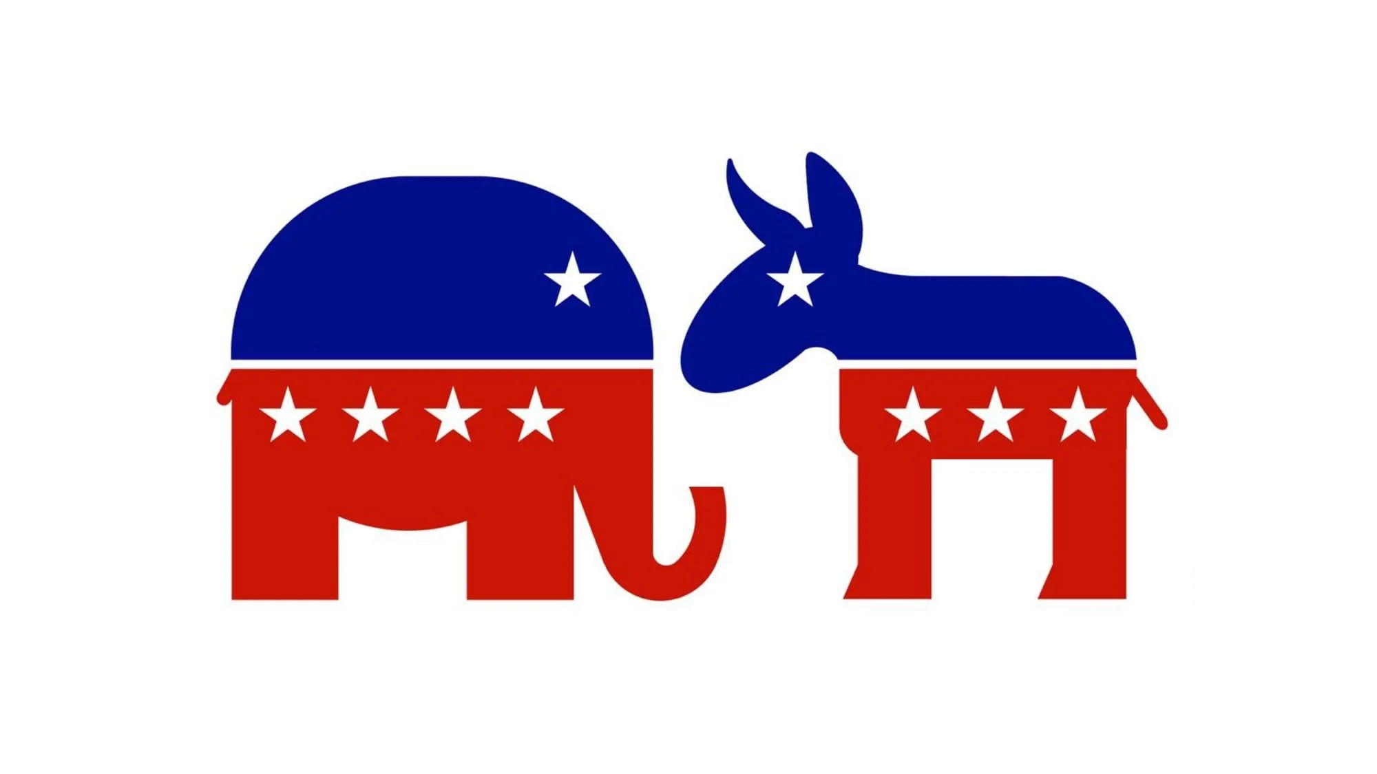 Logos de los partidos políticos Demócrata y Republicano, con los animales de un elefante y un burro, decorados con estrellas en los colores rojo, azul y blanco.