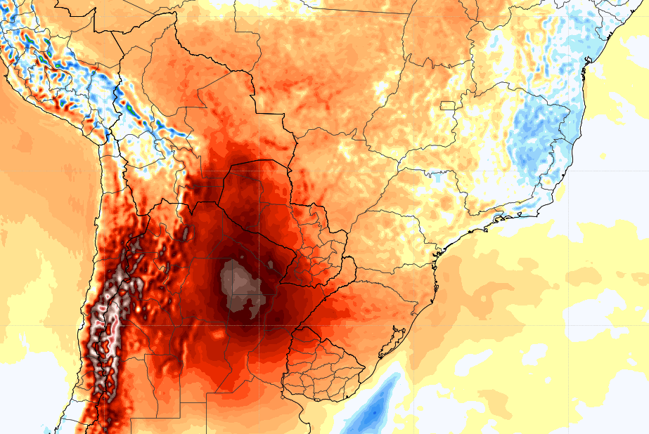 Mapa de temperatura en Argentina, con temperaturas muy altas en la región central, especialmente en la zona de Cuyo, en tonos rojos intensos, y temperaturas más bajas en el noreste en tonos azules y amarillos.