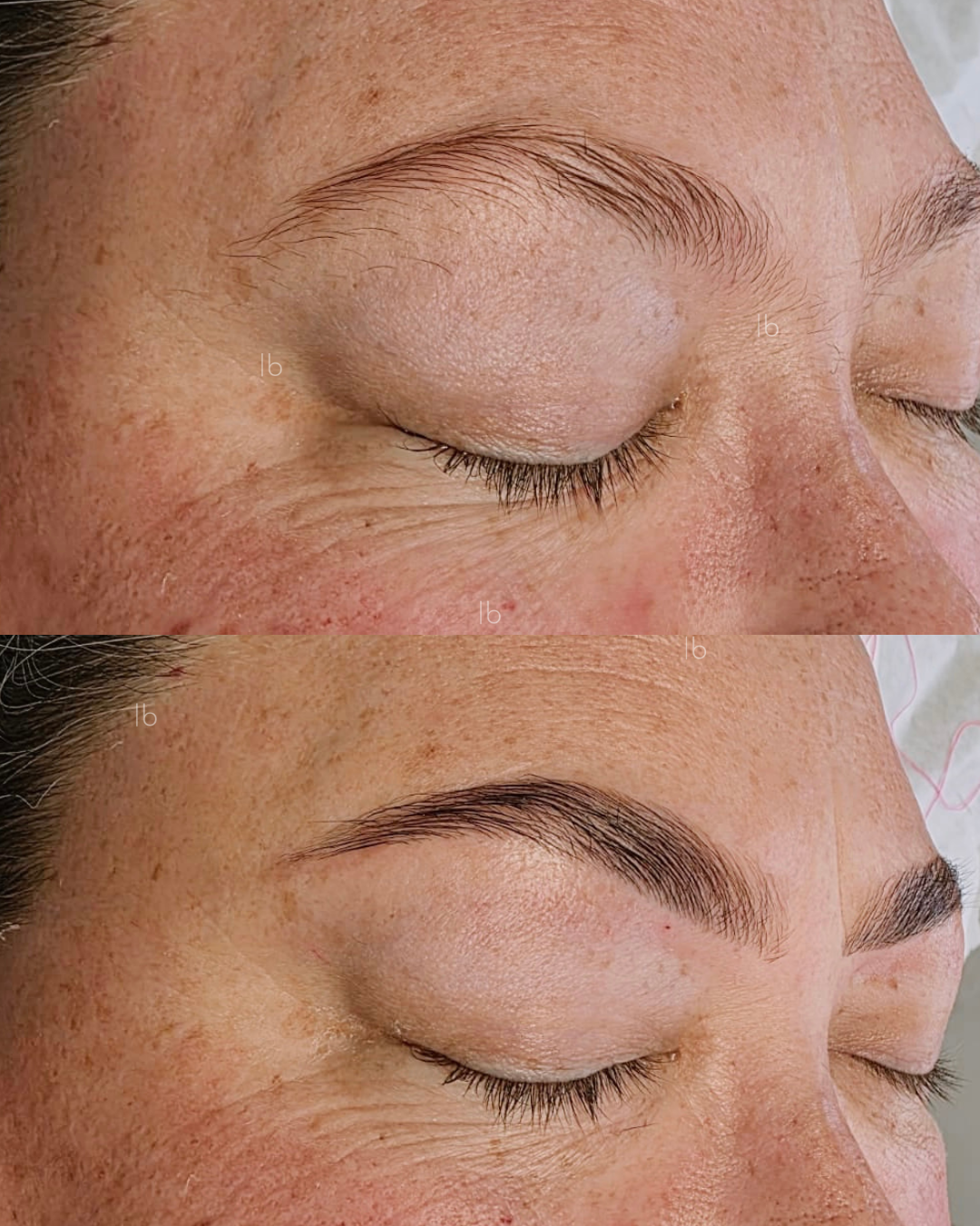 Close-up of a person's face showing before and after eyebrow microblading, with the top image showing sparse eyebrows and the bottom image showcasing fuller, well-defined eyebrows.
