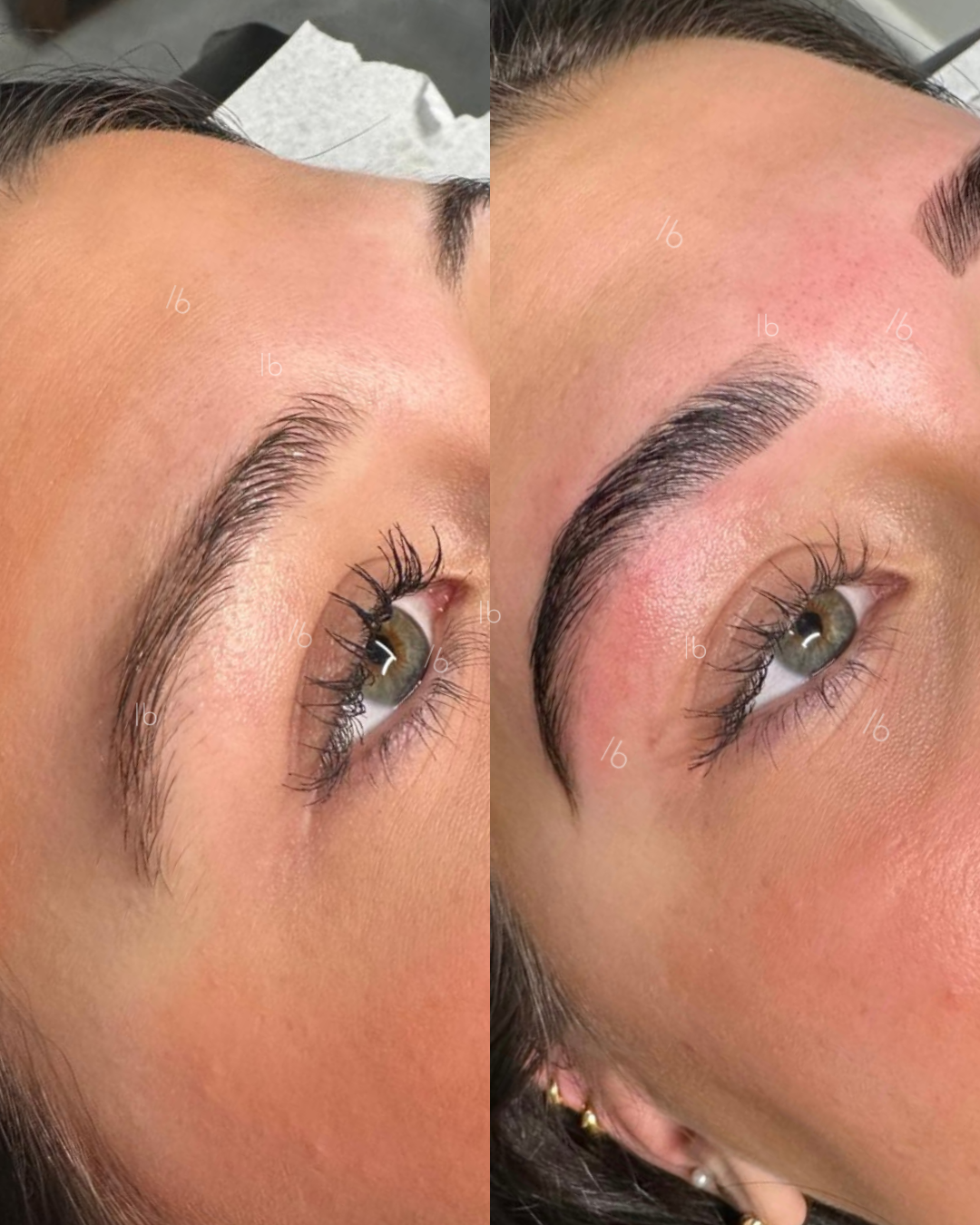 Comparison of eyebrows showing before and after microblading; the after image displays fuller, more defined eyebrows.