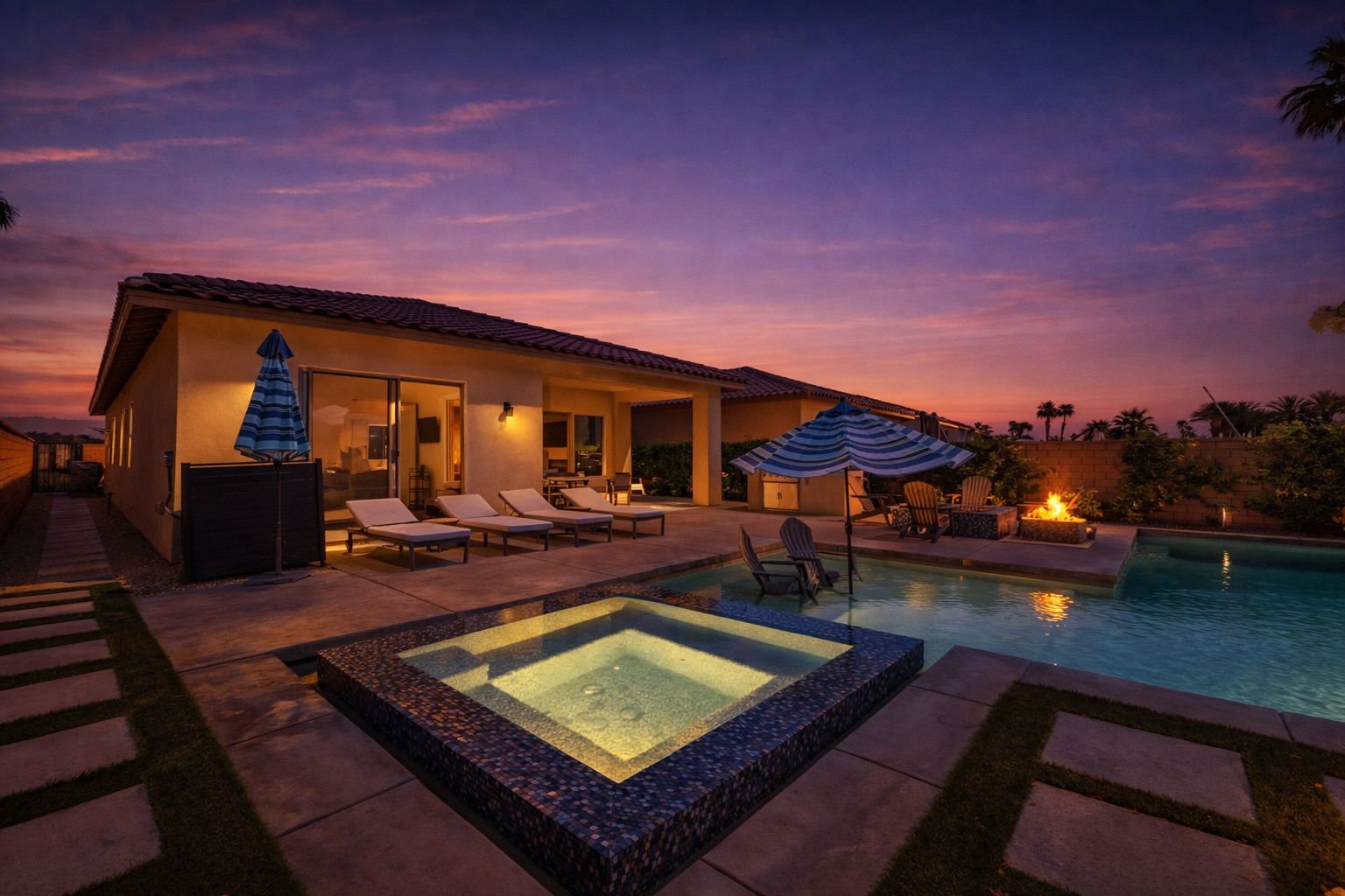 A backyard view of a house with a swimming pool, hot tub, and outdoor fire pit at sunset, with lounge chairs, umbrellas, and palm trees.
