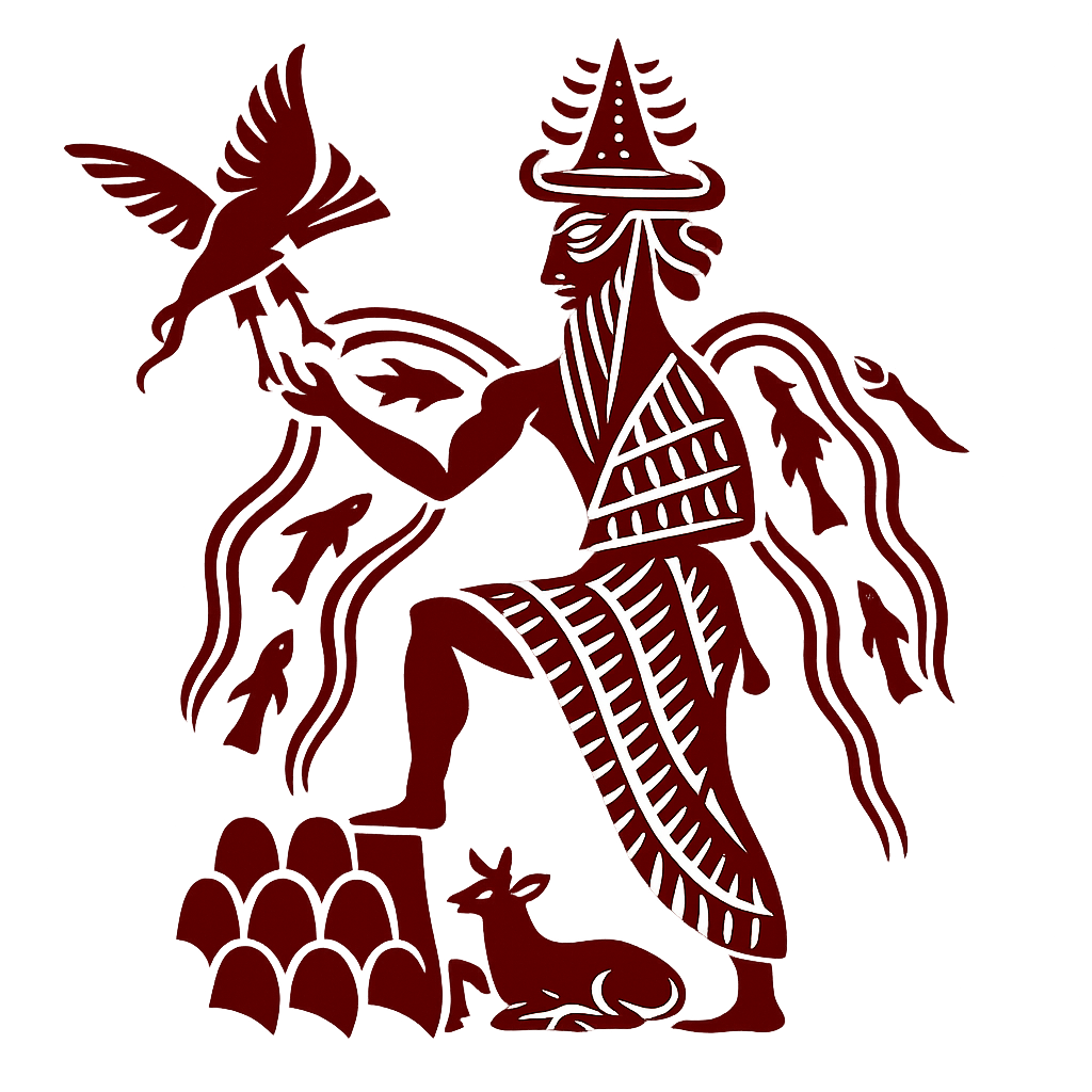 A stylized illustration featuring a human-like figure with a headdress, holding a bird in one hand, and surrounded by animals and symbols, all in maroon with accents on a black background.