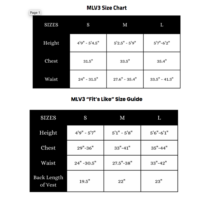 Hit Pro 3 Size Chart