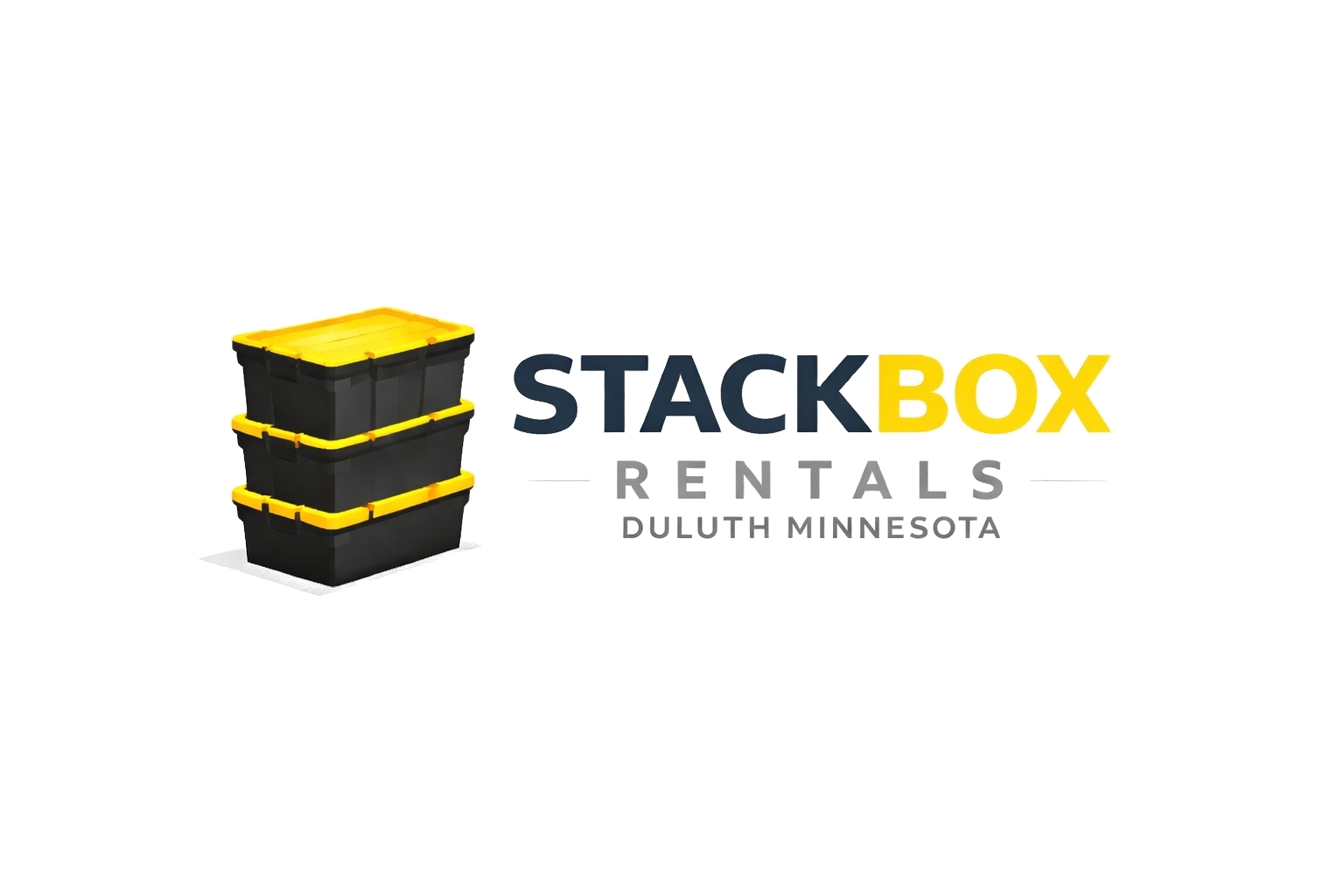 Logo for Stack Box Rentals from Duluth Minnesota. Shows three black storage boxes with yellow lids stacked on the left and the company name, with 'STACK' in dark blue, 'BOX' in yellow, and 'RENTALS DULUTH MINNESOTA' in smaller gray letters to the right.