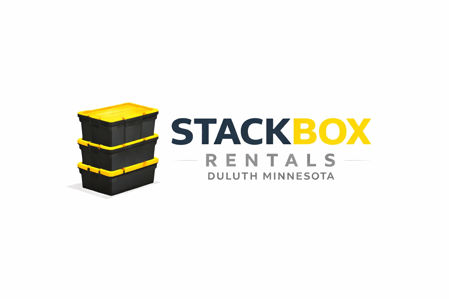 Logo for Stack Box Rentals featuring three black and yellow storage containers stacked, with the company name and location 'Duluth Minnesota'.