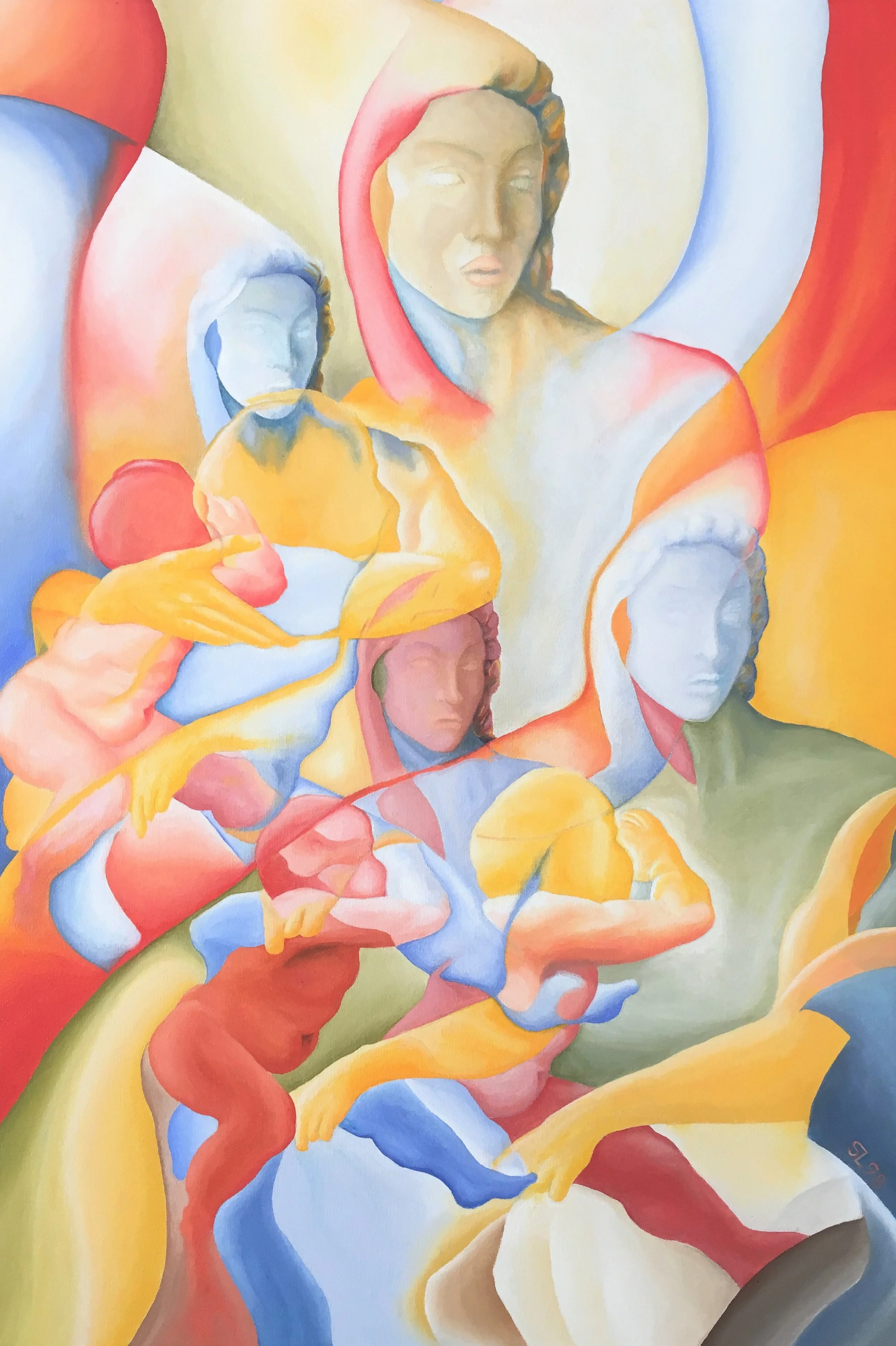 Colorful painting of a Michelangelo's drawing, faces and figures intertwined with flowing shapes in shades of red, yellow, blue, orange, and white.