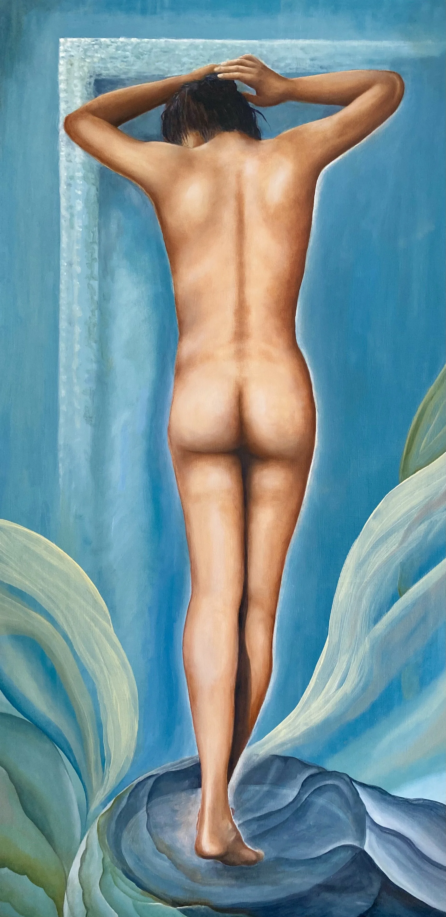 A painting of a nude woman with dark hair, standing with her back to the viewer, surrounded by large, abstract leaves and blue background.