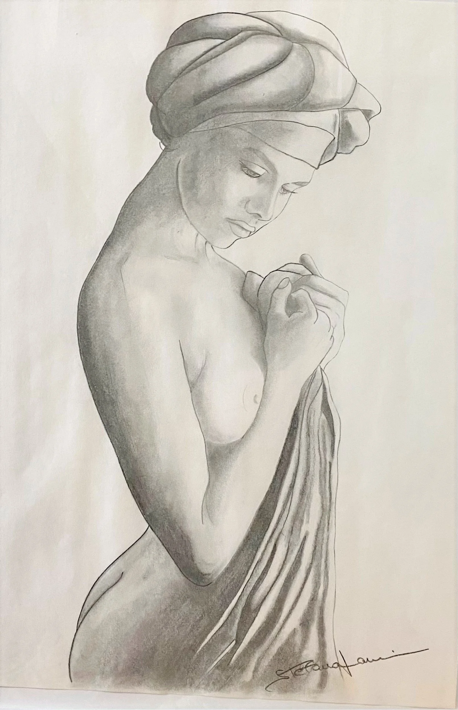 Pencil sketch of a woman with her head covered in a cloth, holding a piece of cloth with her right hand, looking down, signed by the artist.