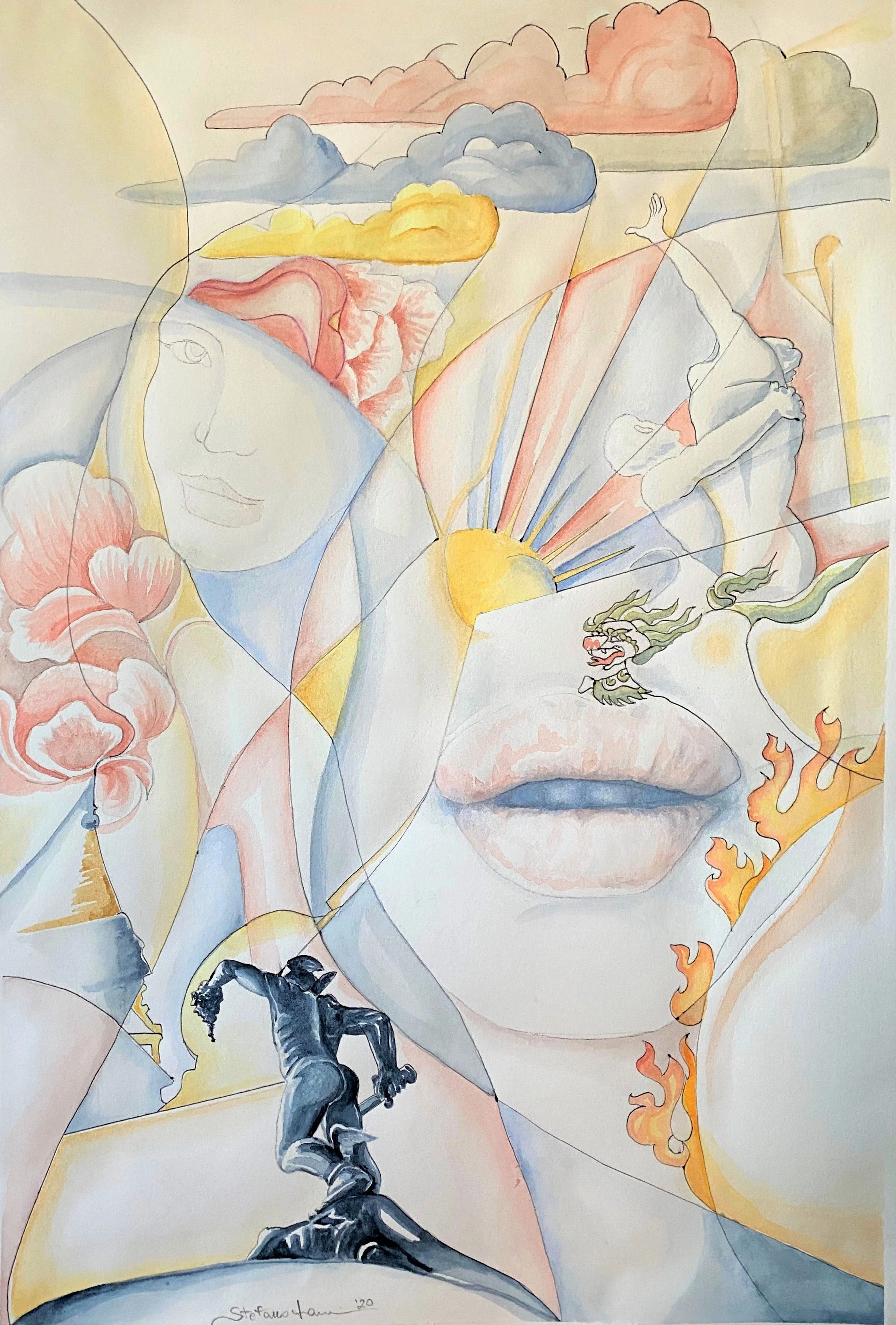 A colorful abstract watercolor painting featuring a woman's face, clouds, a tiger, a dragon, and flames with soft pastel shades of pink, yellow, blue, and gray.