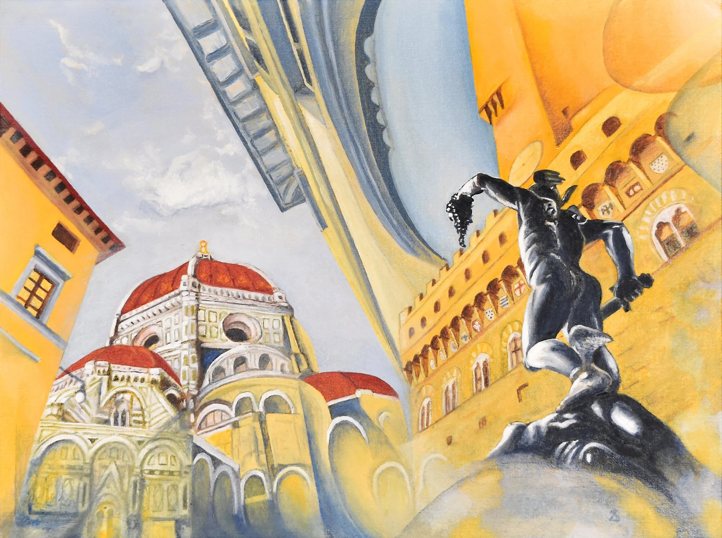 A painting depicting a Florence city scene with ornate yellow buildings, a red-domed church, and a statue of Perseus in the foreground.