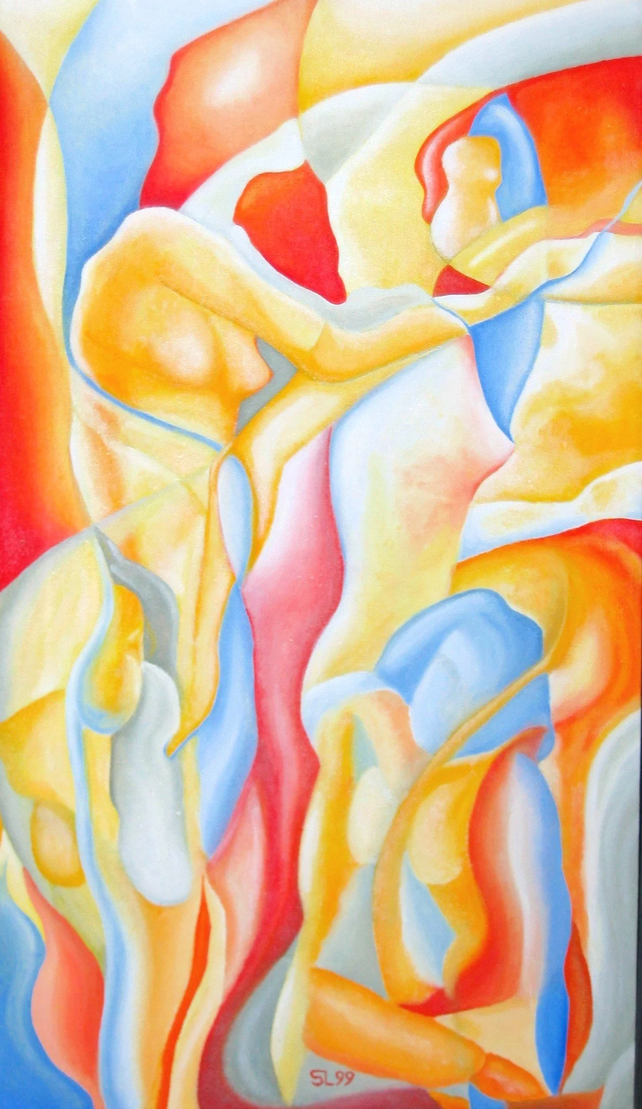 Abstract painting with swirling shapes in shades of yellow, orange, red, blue, and white.