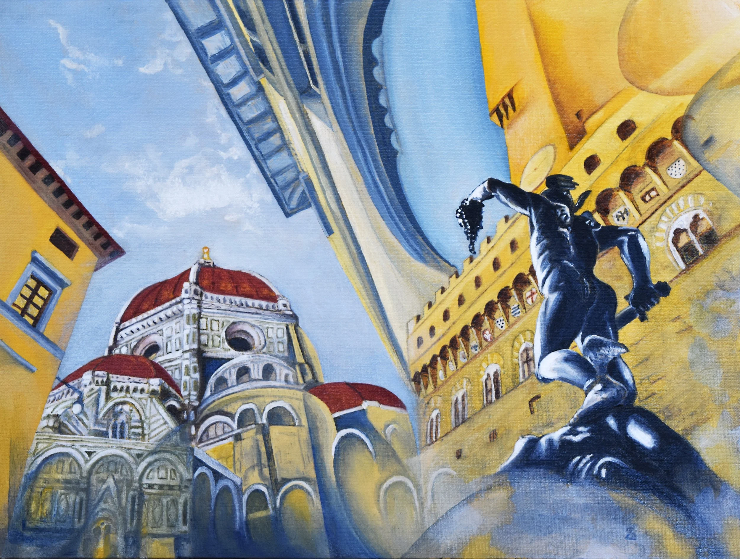 A painting of Florence, Italy, featuring the iconic Cathedral of Santa Maria del Fiore with its red dome, and the surrounding colorful historic buildings, seen from an upward angle.