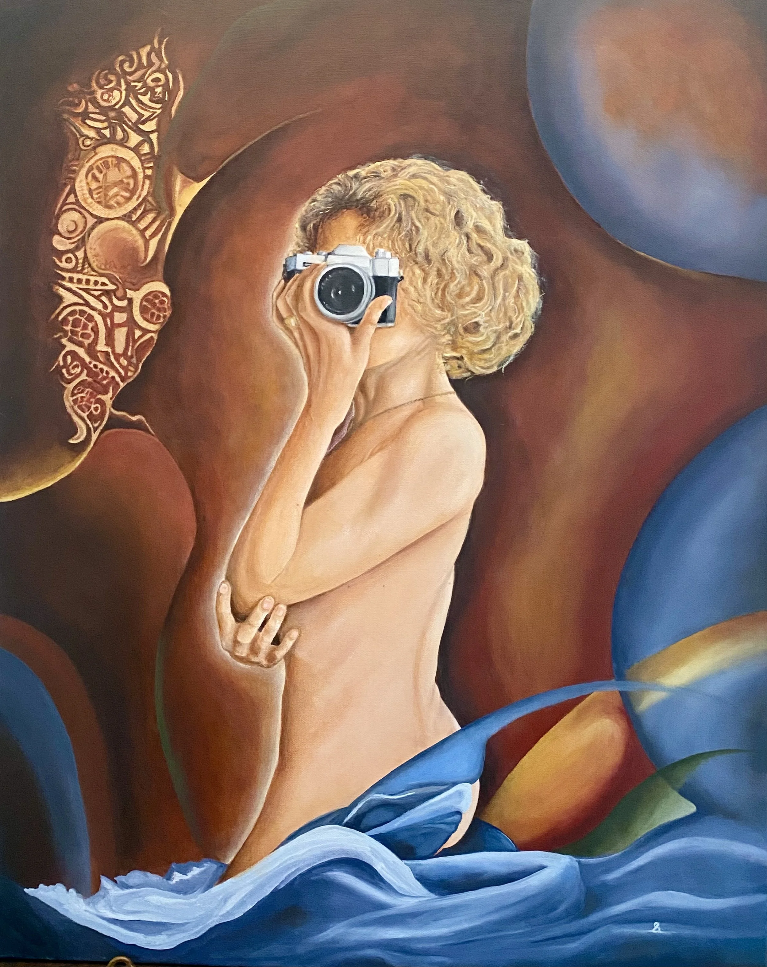 A surreal painting of a person with curly hair holding a camera, looking into the camera lens. The person's skin tone is light, and they are surrounded by swirling, colorful abstract shapes and a large blue sphere in the background.