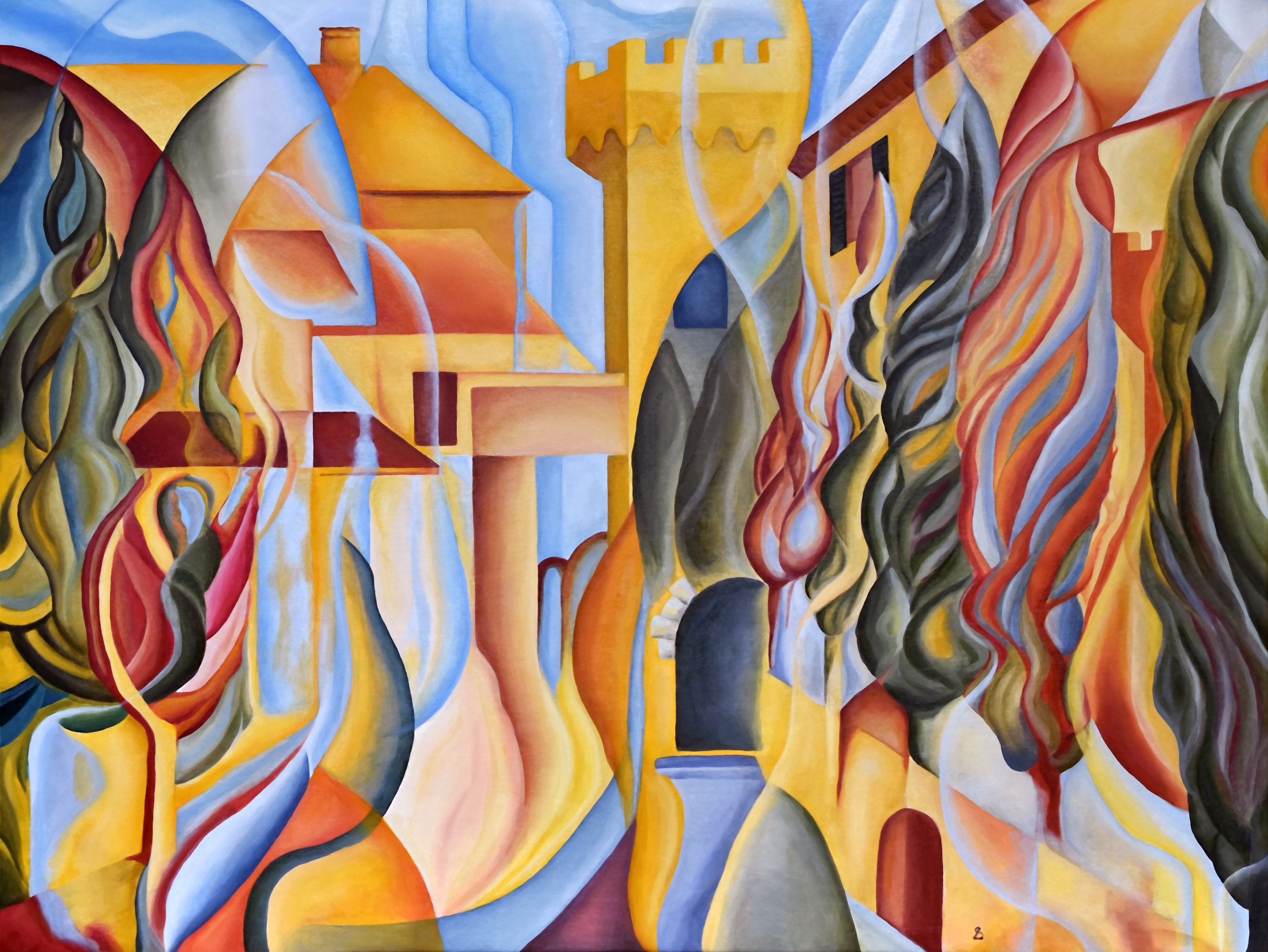 Abstract colorful painting with shapes resembling Bolgheri village, Tuscany, and its cypresses.