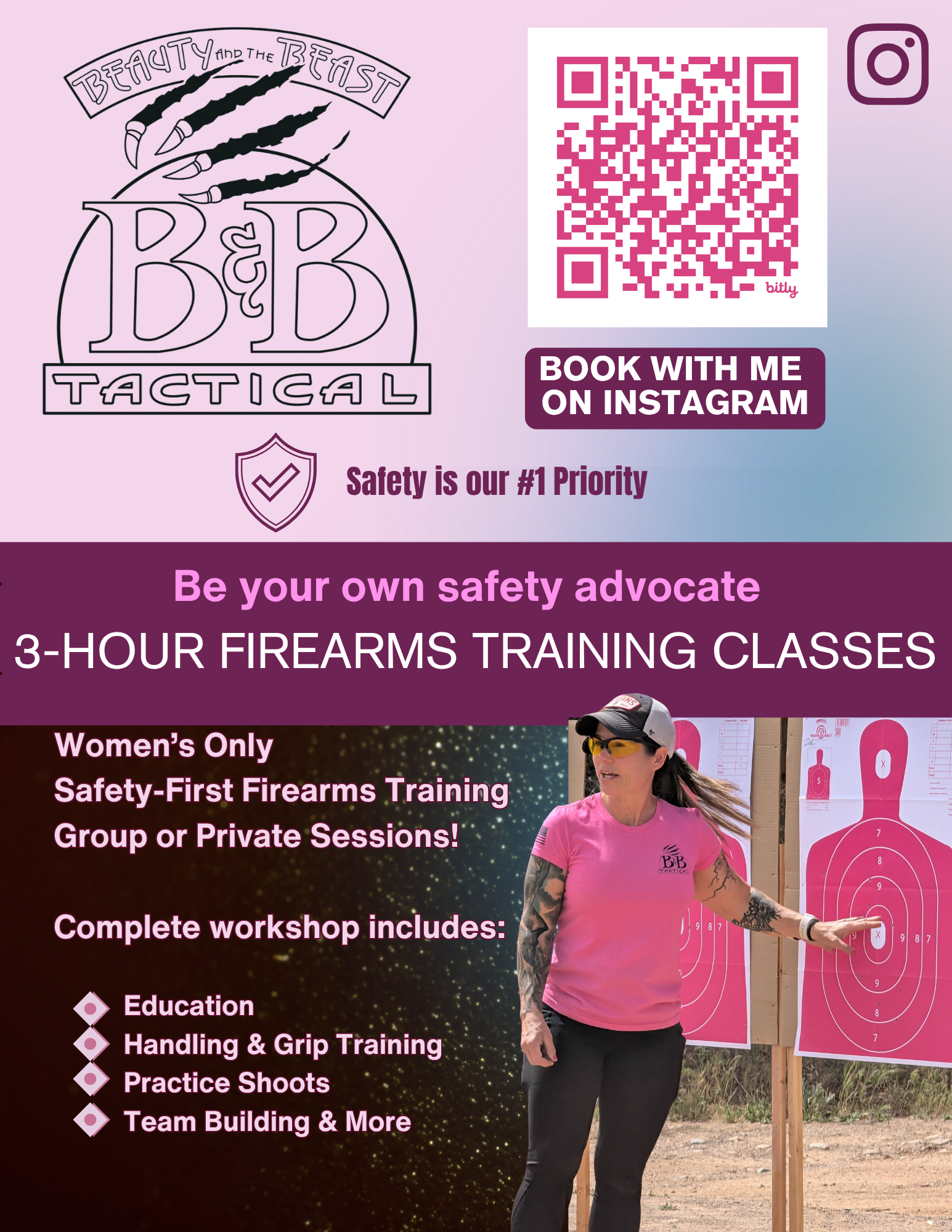 Beauty and the Beast Tactical flyer for women's only 3-hour firearms training. Includes fundamentals of safety, handling, grip education, and team building for women.