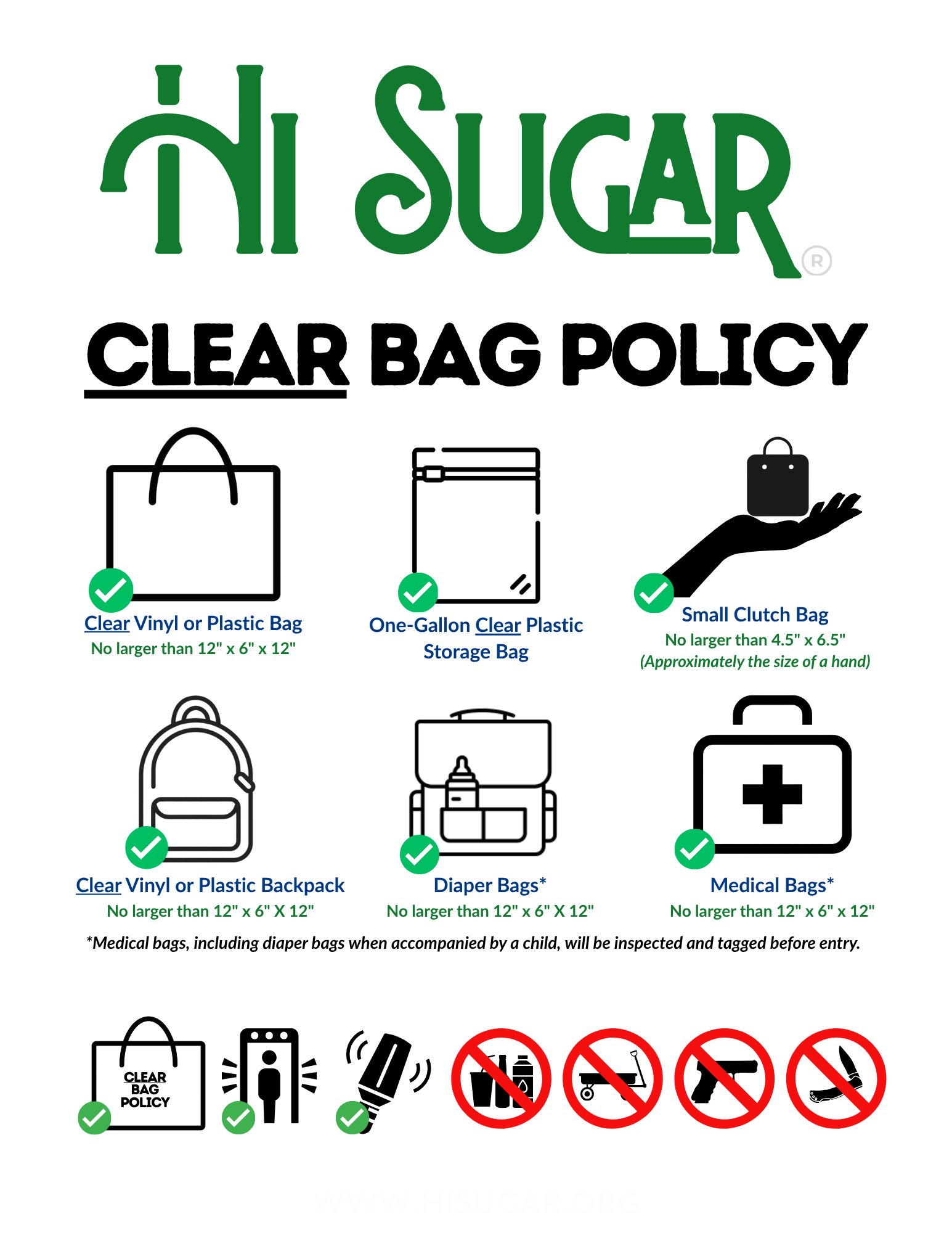 A sign displaying clear bag policy and prohibited items at security. It shows approved clear bags and prohibited items including alcohol, skateboards, firearms, and knives.