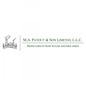Logo of M.A. Patout & Son Limited, L.L.C., producers of raw sugar and molasses, featuring a drawing of a presentation building with a flag.