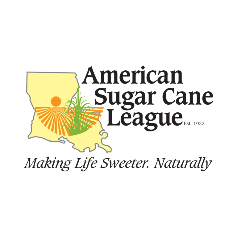 Logo of the American Sugar Cane League featuring a map outline of Louisiana, a sugar cane plant, and text 'American Sugar Cane League Est. 1922' with the tagline 'Making Life Sweeter Naturally'.