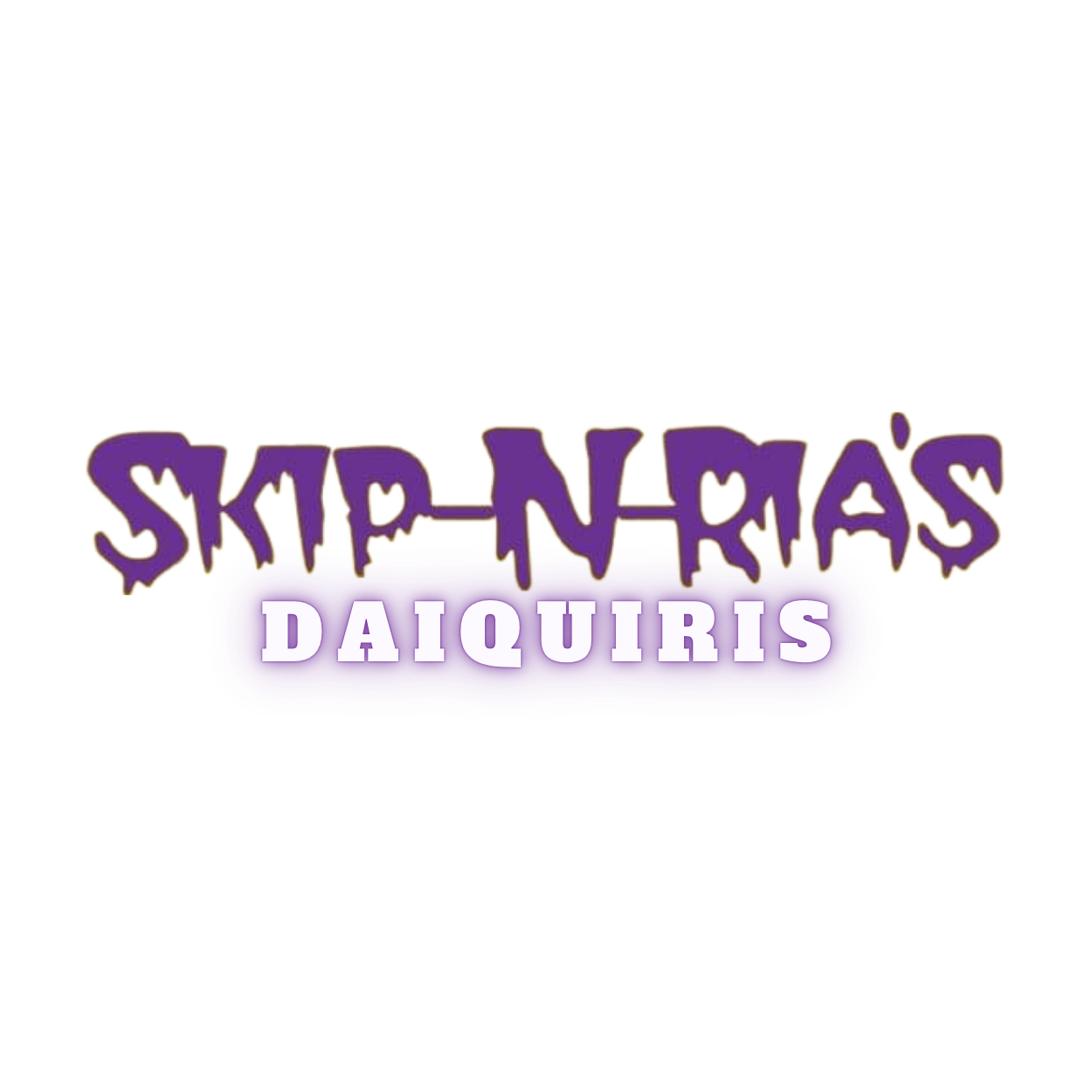 A Halloween-themed logo with the text "Skip-N-Rec's Daiquiris" in purple, graffiti-style font. The background is black.