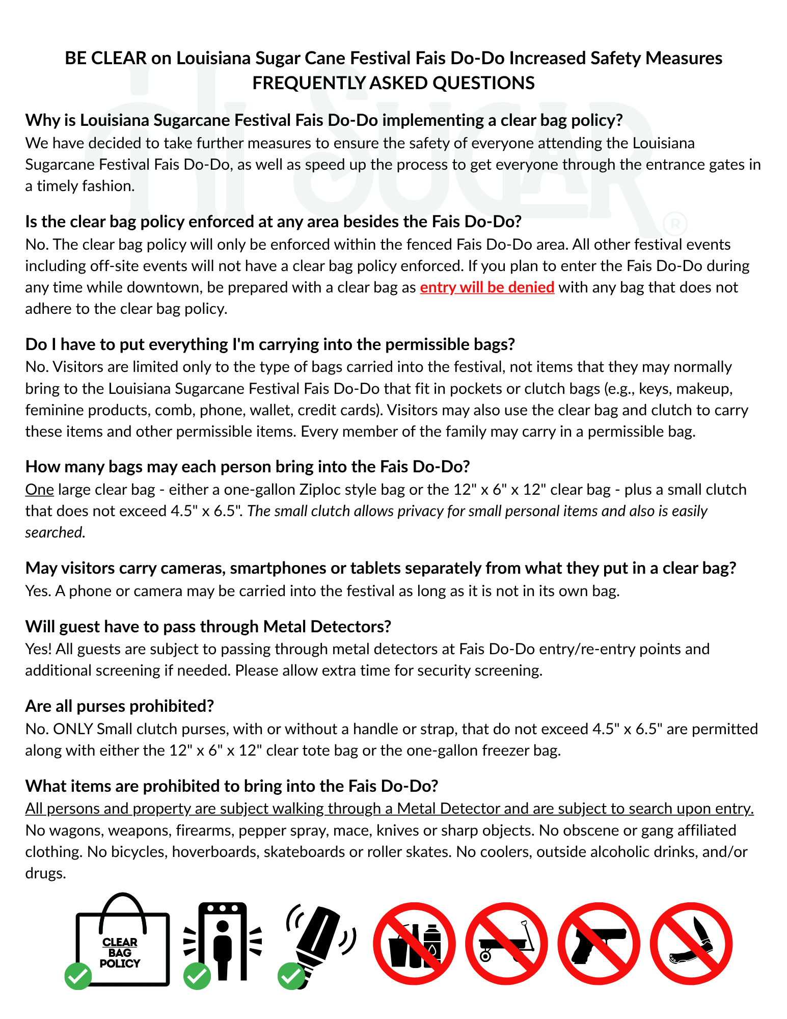 Guidelines and rules for the Louisiana Sugar Cane Festival Fais Do-Do, including safety measures, bag policies, prohibited items, and entry requirements, with accompanying icons such as a clear bag policy, bags, a flashlight, and various prohibited items marked with red circles and slashes.