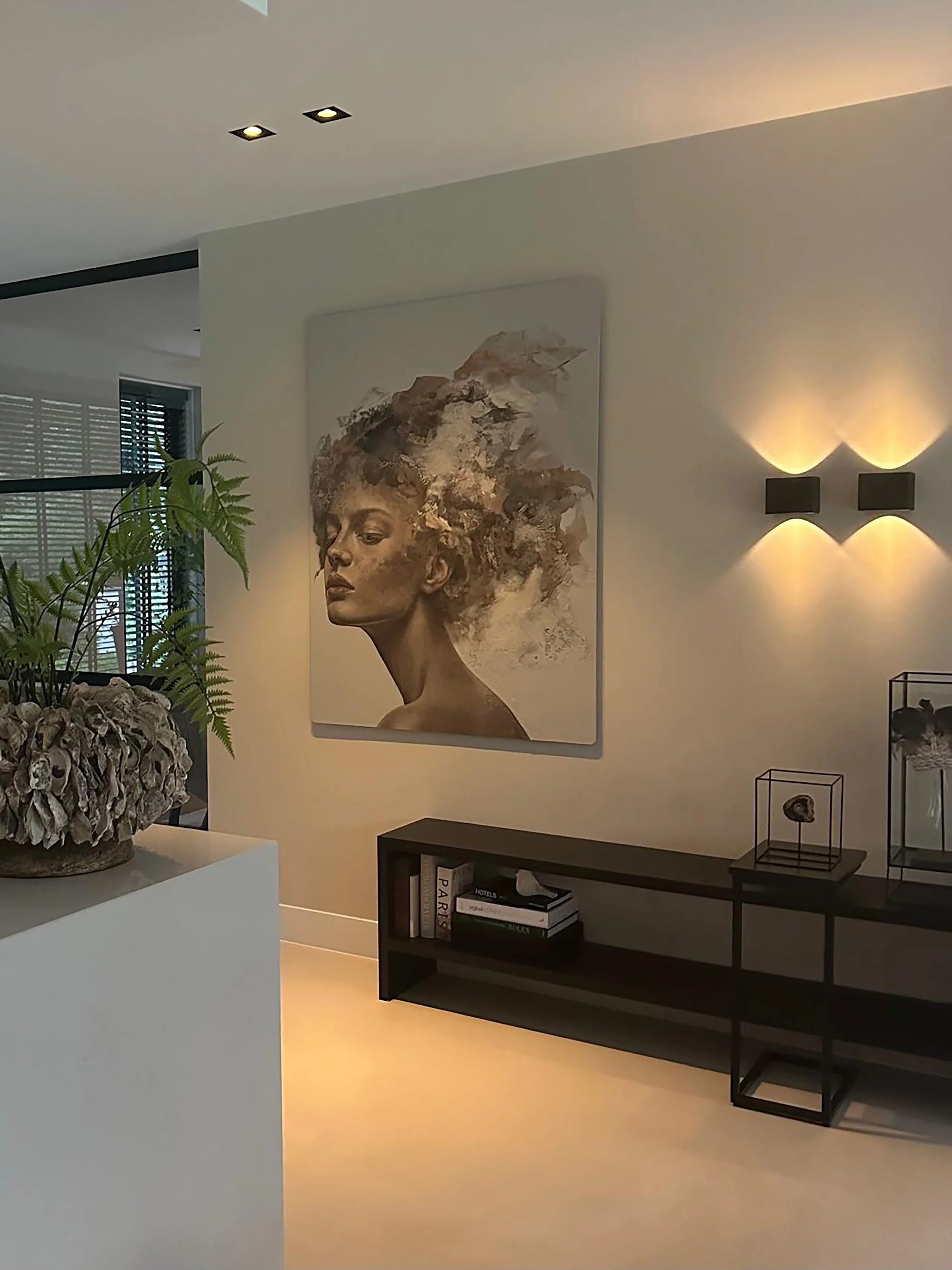 Contemporary abstract portrait of a female figure by Iris Schreven, soft tones, realistic features, layered textures and ethereal composition, in room with lights on
