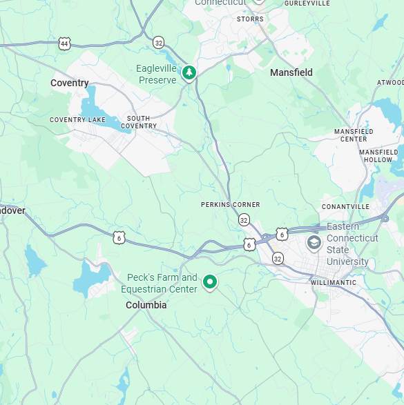 Map showing the area around Columbia, Connecticut, including Eagleville Preserve north of Coventry Lake and Peck's Farm and Equestrian Center south of Columbia.