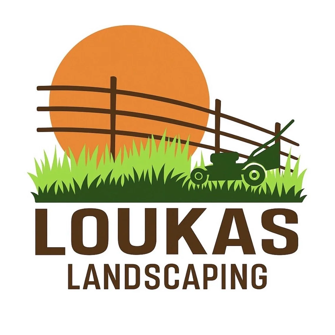 Logo for Loukas Landscaping featuring a setting sun, green grass, a lawnmower, and a wooden fence.