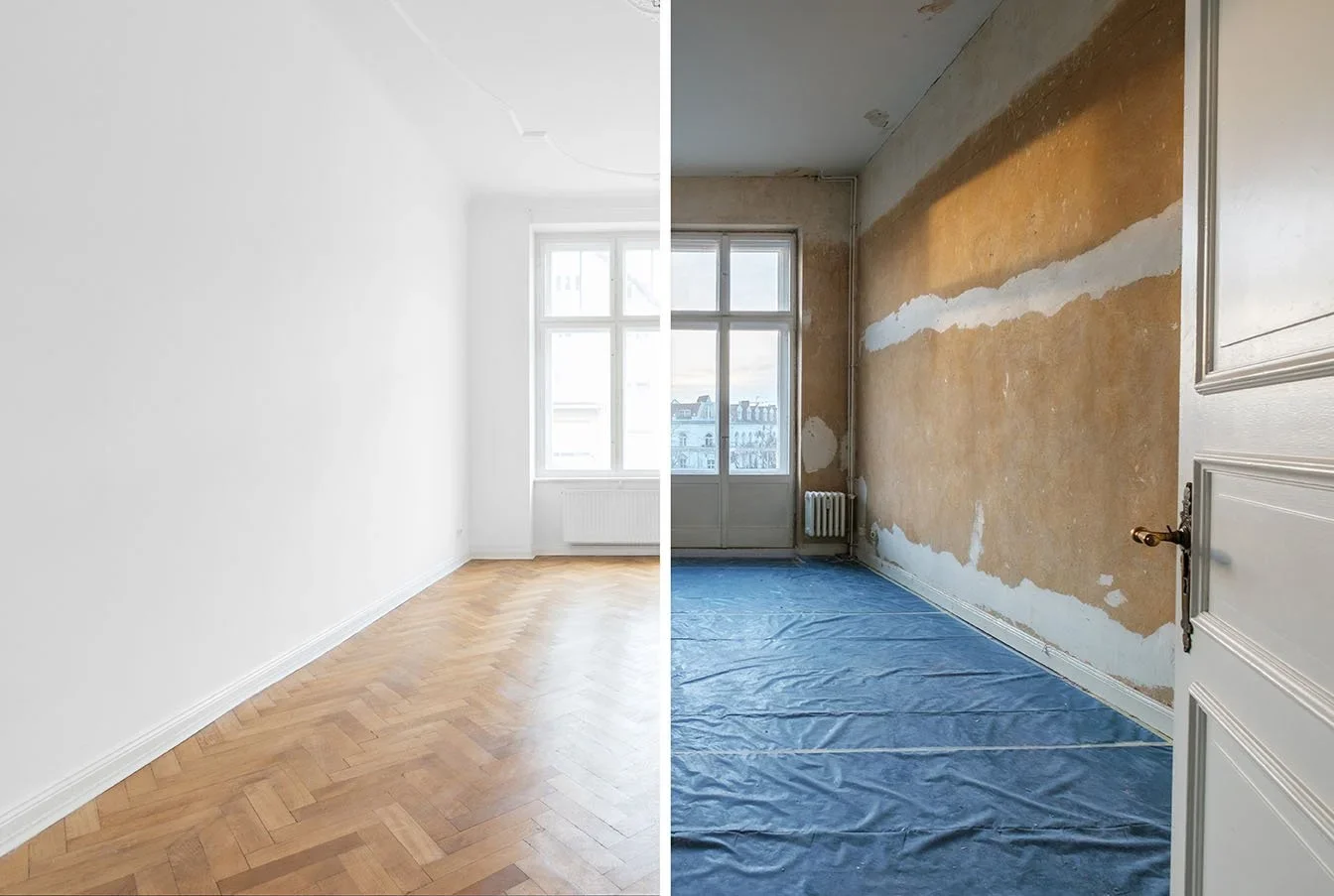 Comparison of a room before and after renovation, with the left side showing a finished, white painted wall and the right side showing an unfinished wall with exposed drywall and a plastic sheet on the floor for protection.