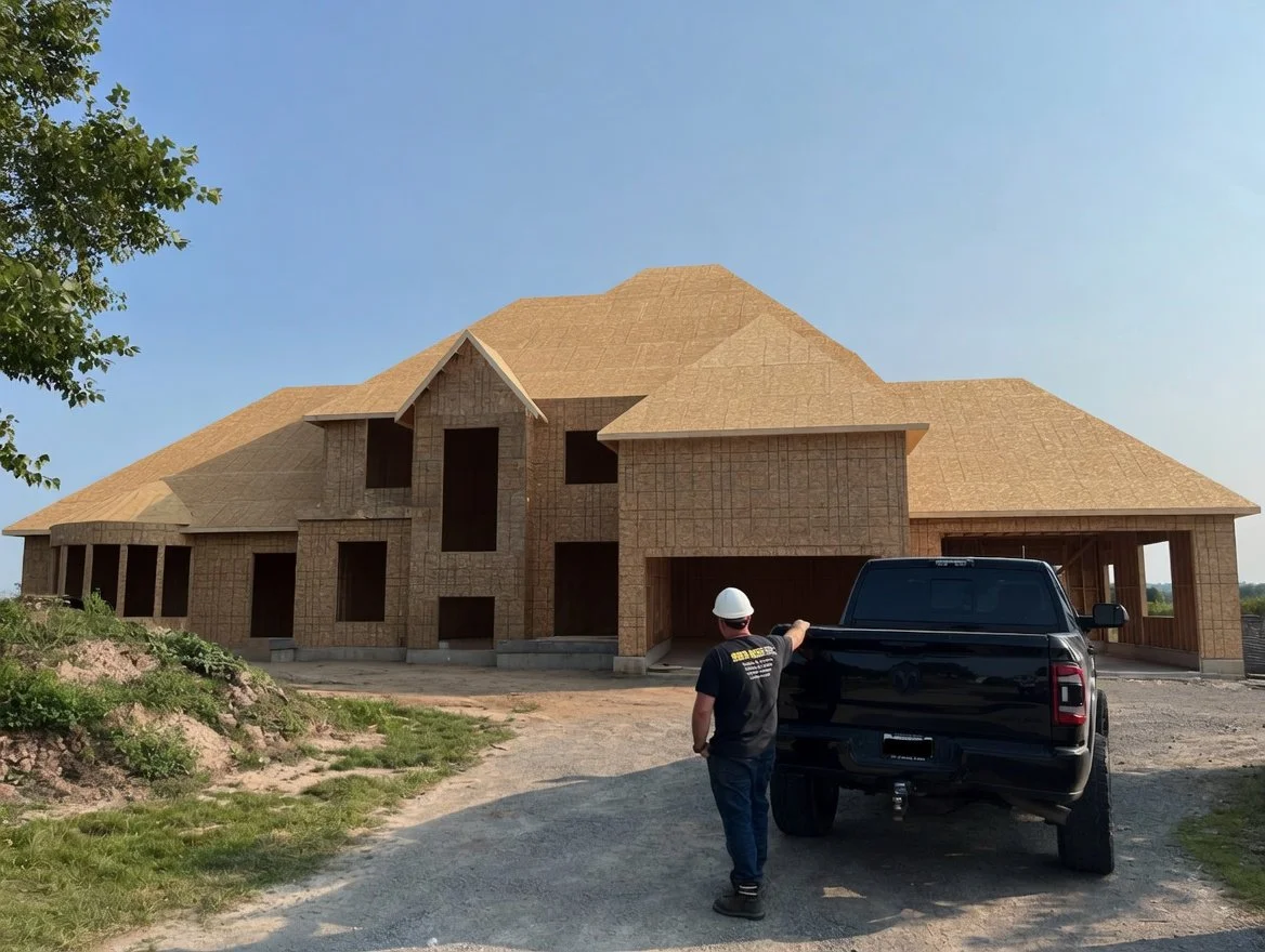 A construction site with a partially built house and a worker pointing while standing next to a black pickup truck.
