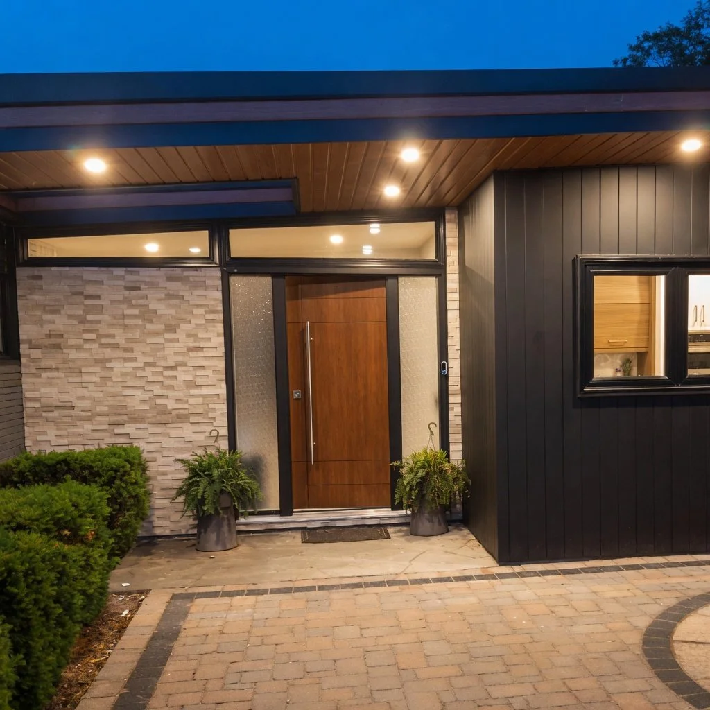 Modern house entrance with a wooden door, black siding, glass panels on the door, outdoor lighting, potted plants, and a brick pathway.