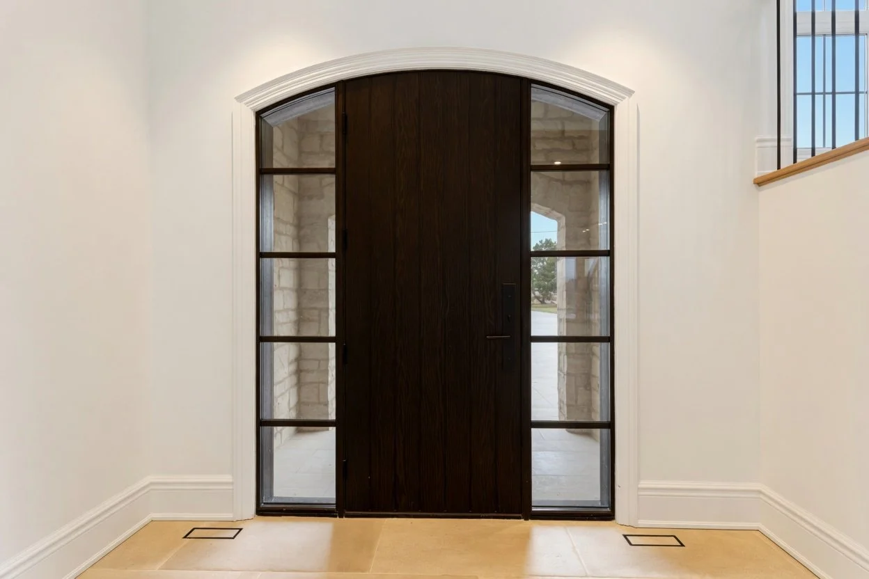 Front door of a house with dark wood finish, glass panels on either side, and an arched transom window above, with a view of a stone porch outside.