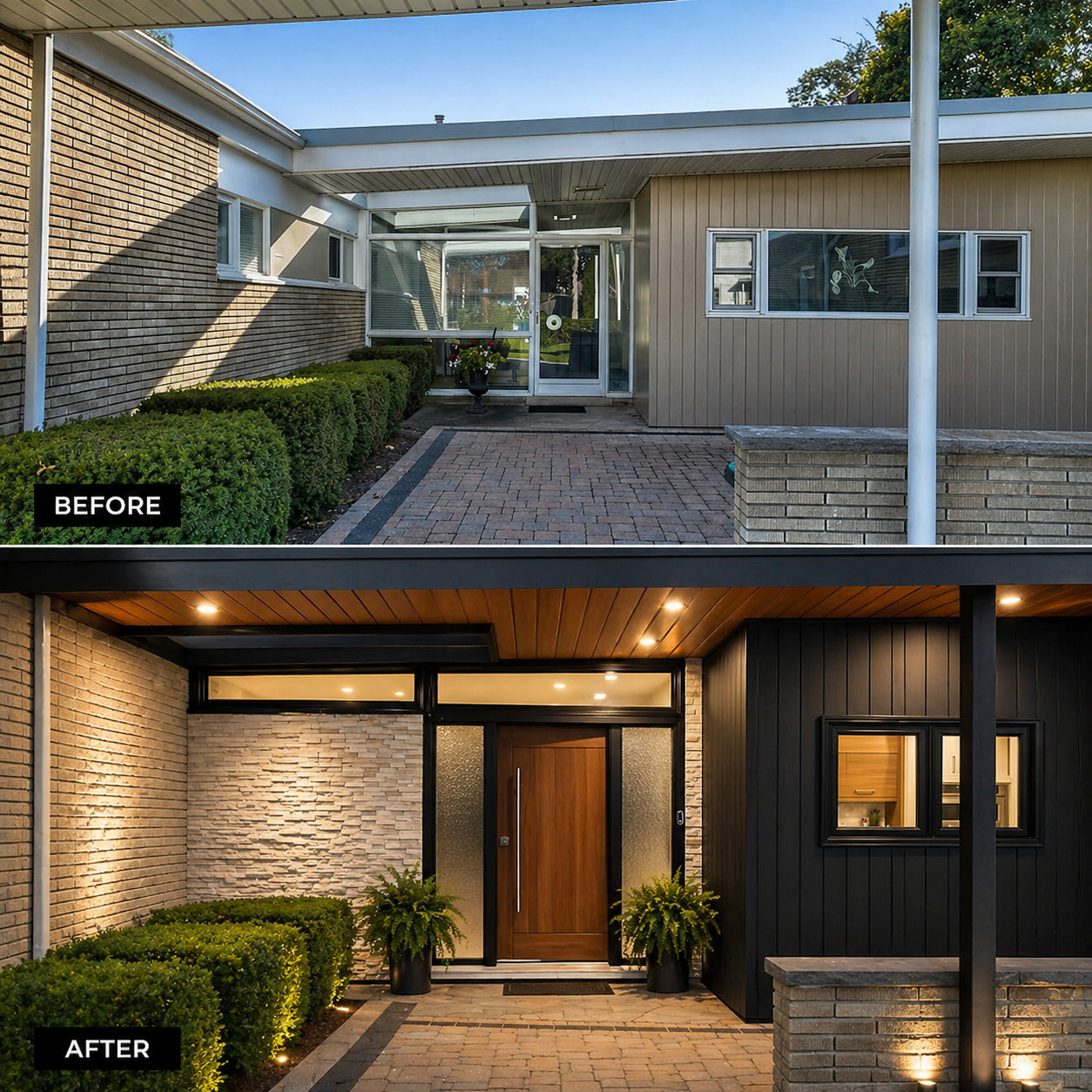 Transformation of house exterior from plain brick and siding to modern black exterior with wooden door, stone accents, and landscaped entrance with plants and lighting.