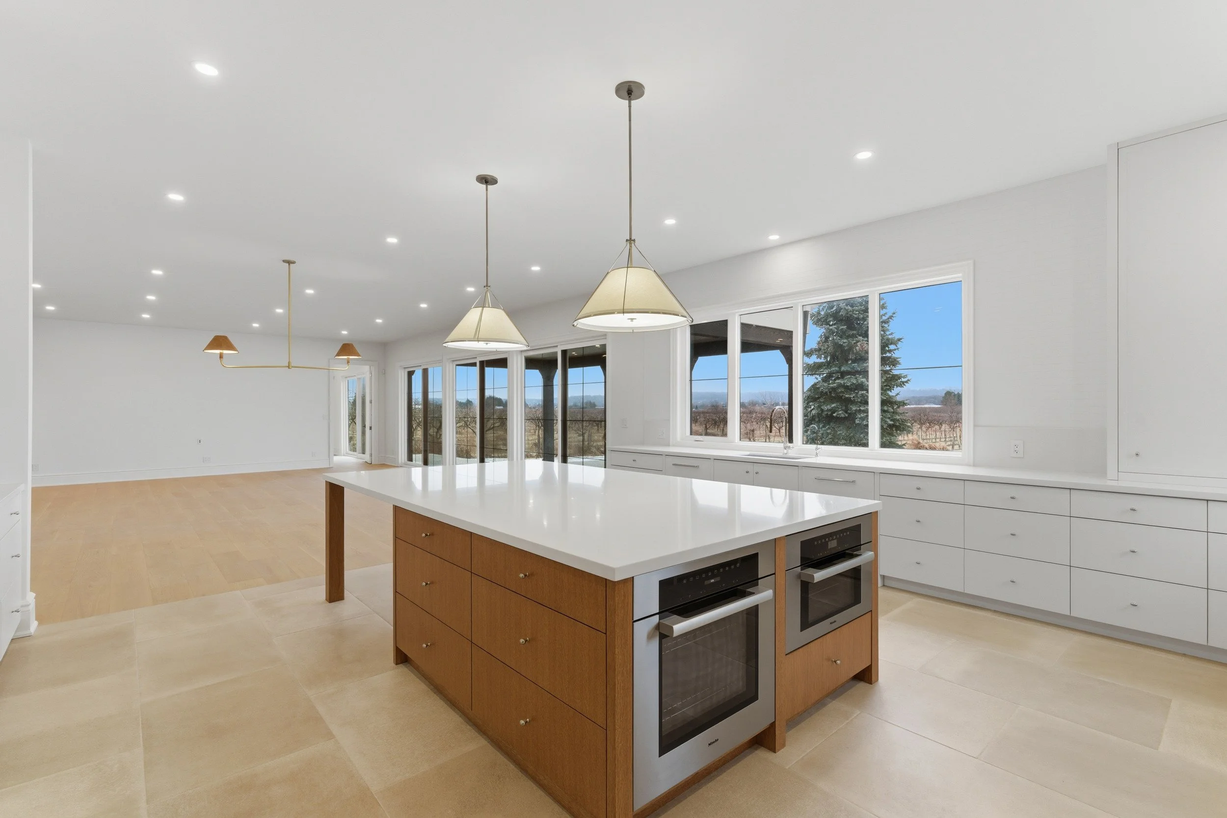 Kitchen with large island, white cabinets, and panoramic windows showing outdoors.