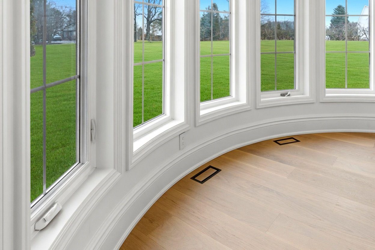 View of a curved wall of large windows in a room with light wood floors, overlooking a green lawn and trees outside.