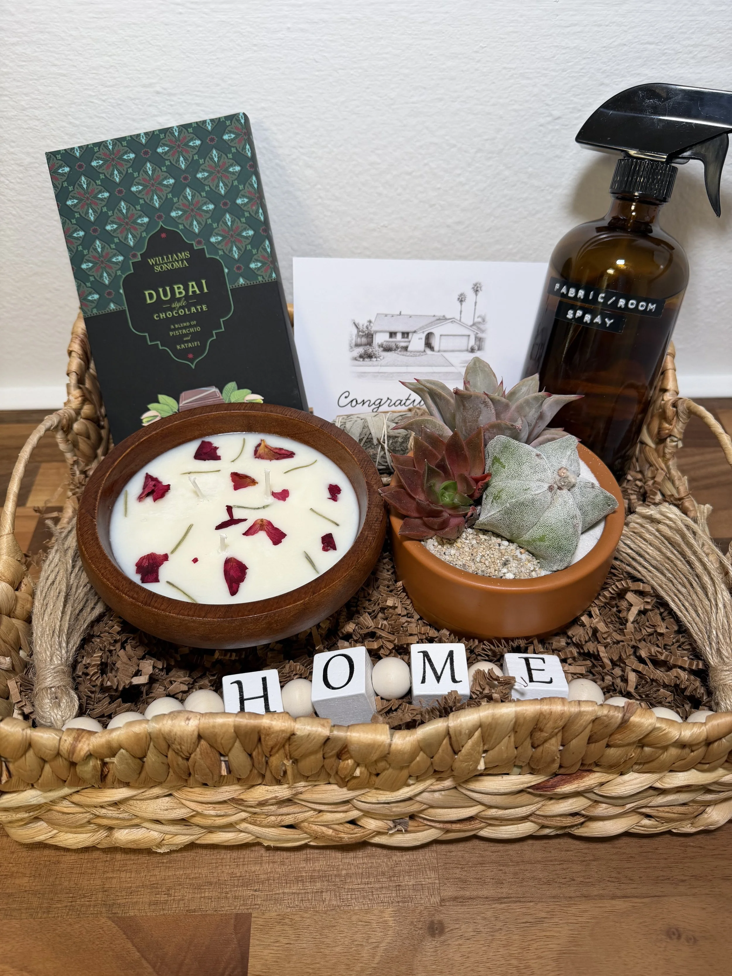 The Works - succulent as greenery option, and curated item add ons: box of chocolates and a "HOME" decoration