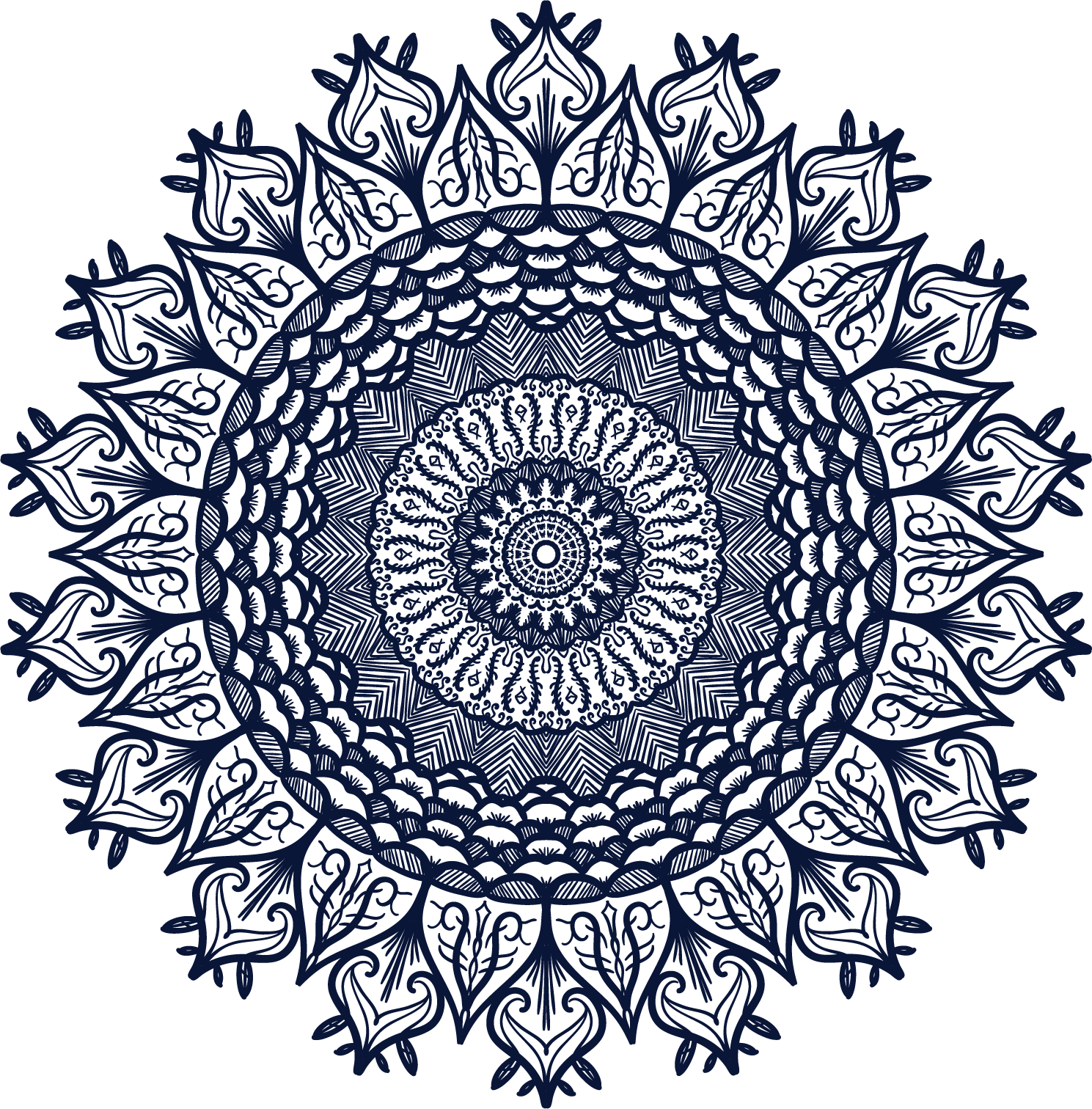A detailed navy blue mandala pattern on a black background with concentric circles and intricate symmetrical floral and geometric designs.