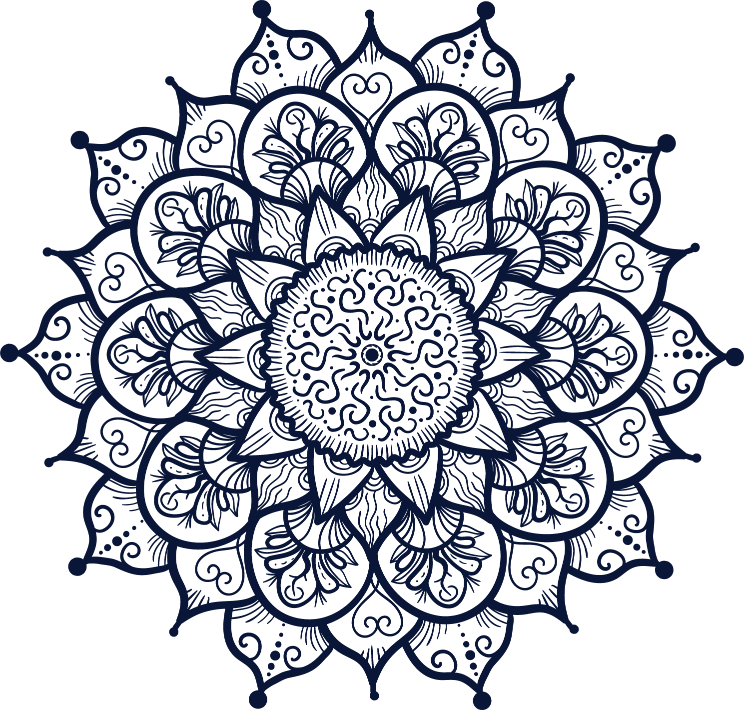 Intricate dark blue mandala on black background with detailed floral patterns and geometric shapes.