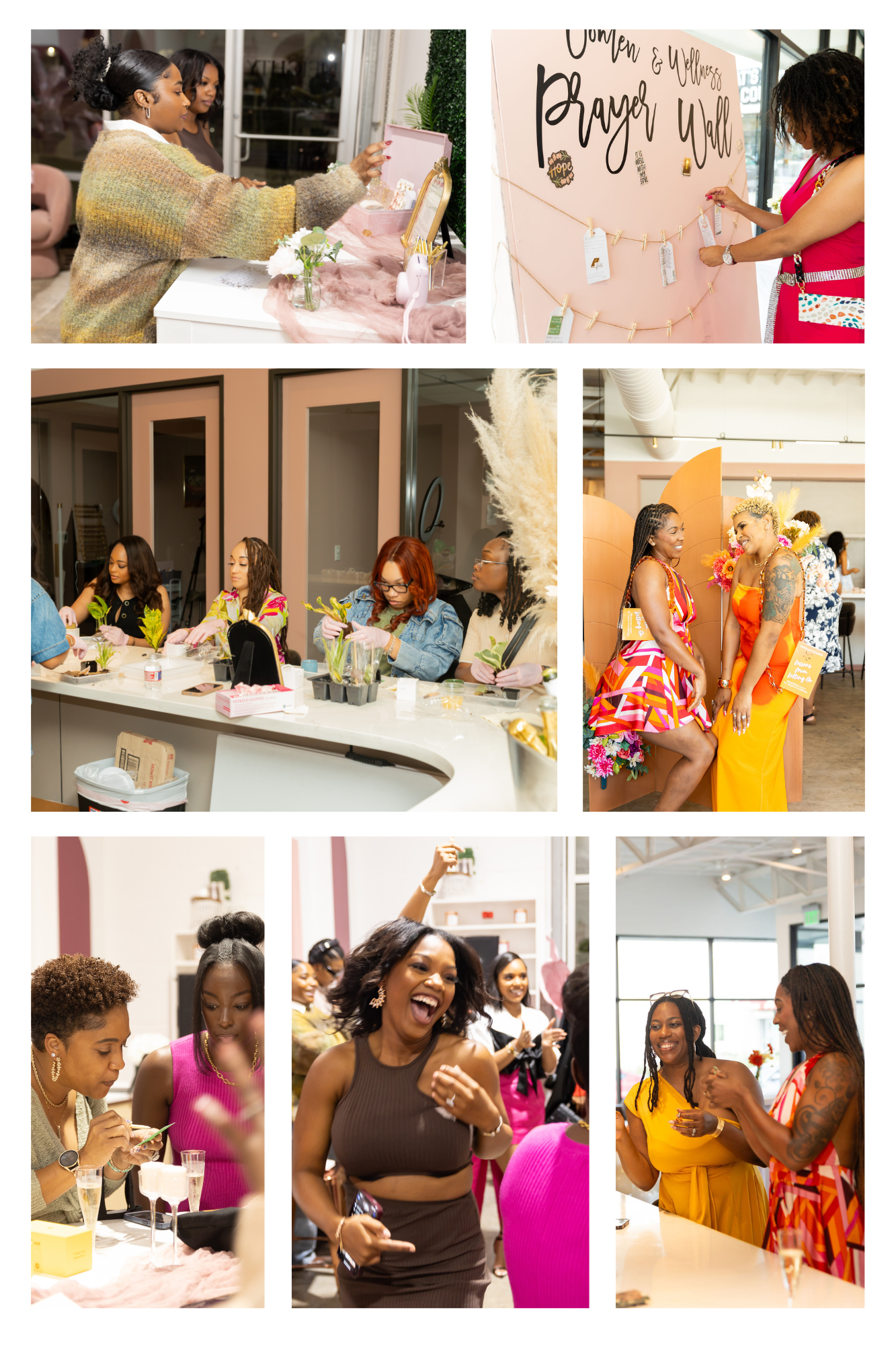 Group of women participating in a floral arrangement workshop, some engaging in conversation and smiling, in a bright indoor space during a social event.