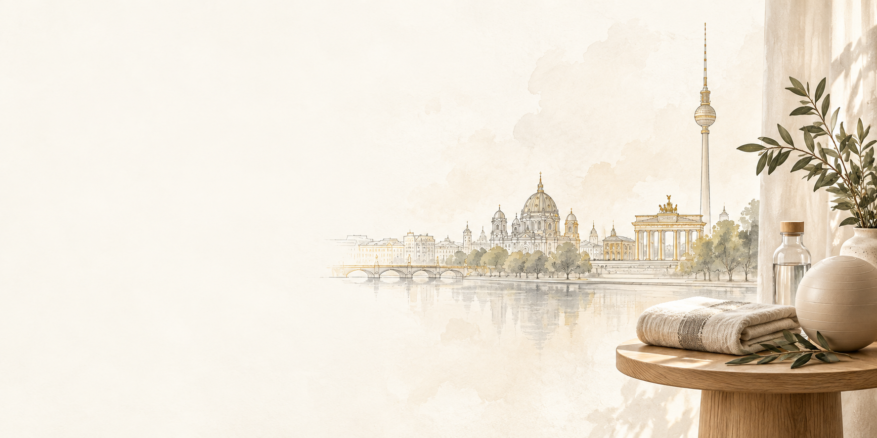 Wasserfarbe-Illustration von Berliner Sehenswürdigkeiten wie dem Fernsehturm, der Statue im Brandenburger Tor und dem Berliner Dom, im Hintergrund ein Fenster mit einem Stillleben auf einem runden Holz­tisch mit einer Vase, einem Glas Wasser, Handtuch, einem Blätterzweig.
