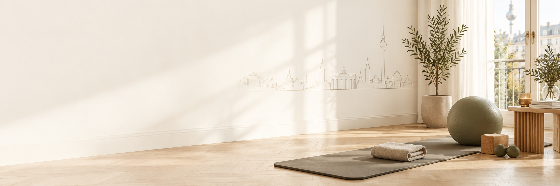 Meditationsraum mit Yoga-Matte, gefaltetes Handtuch, Pflanze im Topf, Yoga-Ball, Kerze, Glasvase und stilisierte Skyline an der Wand, sonnendurchflutet, mit Balkon im Hintergrund.