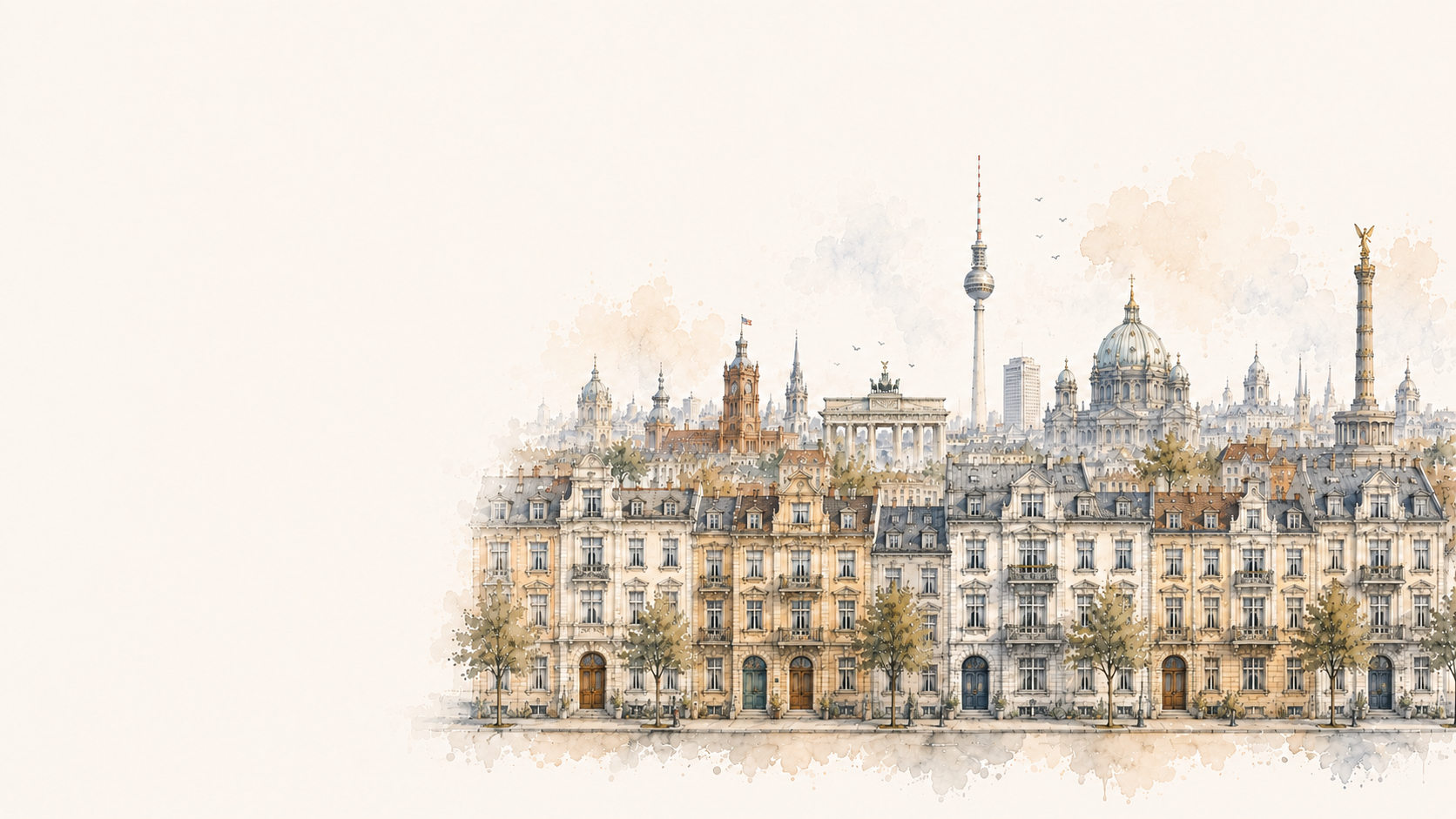 A watercolor-style cityscape of Berlin with historic buildings, modern towers like the Fernsehturm, and a clear sky.